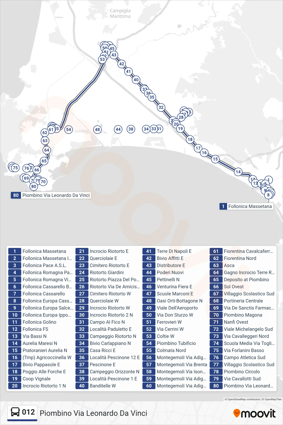 Linea 012 bus (Piombino Via Leonardo Da Vinci) - Percorsi e fermate sulla mappa