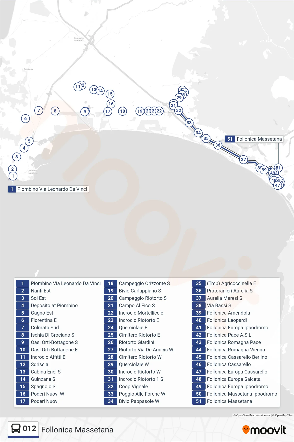 Linea 012  bus (Follonica Massetana) - Percorsi e fermate sulla mappa