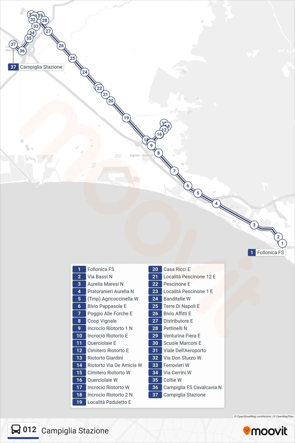 Linea 012  bus (Campiglia Stazione) - Percorsi e fermate sulla mappa