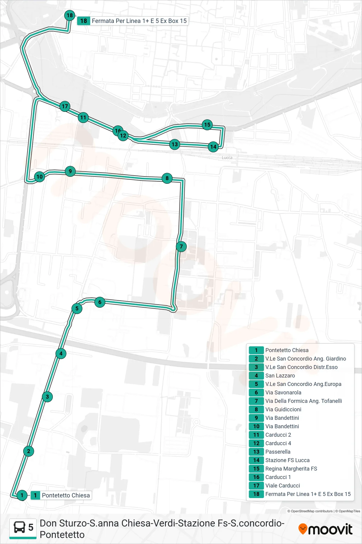 Linea 5 tram (Fermata Per Linea 1+ E 5 Ex Box 15) - Percorsi e fermate sulla mappa