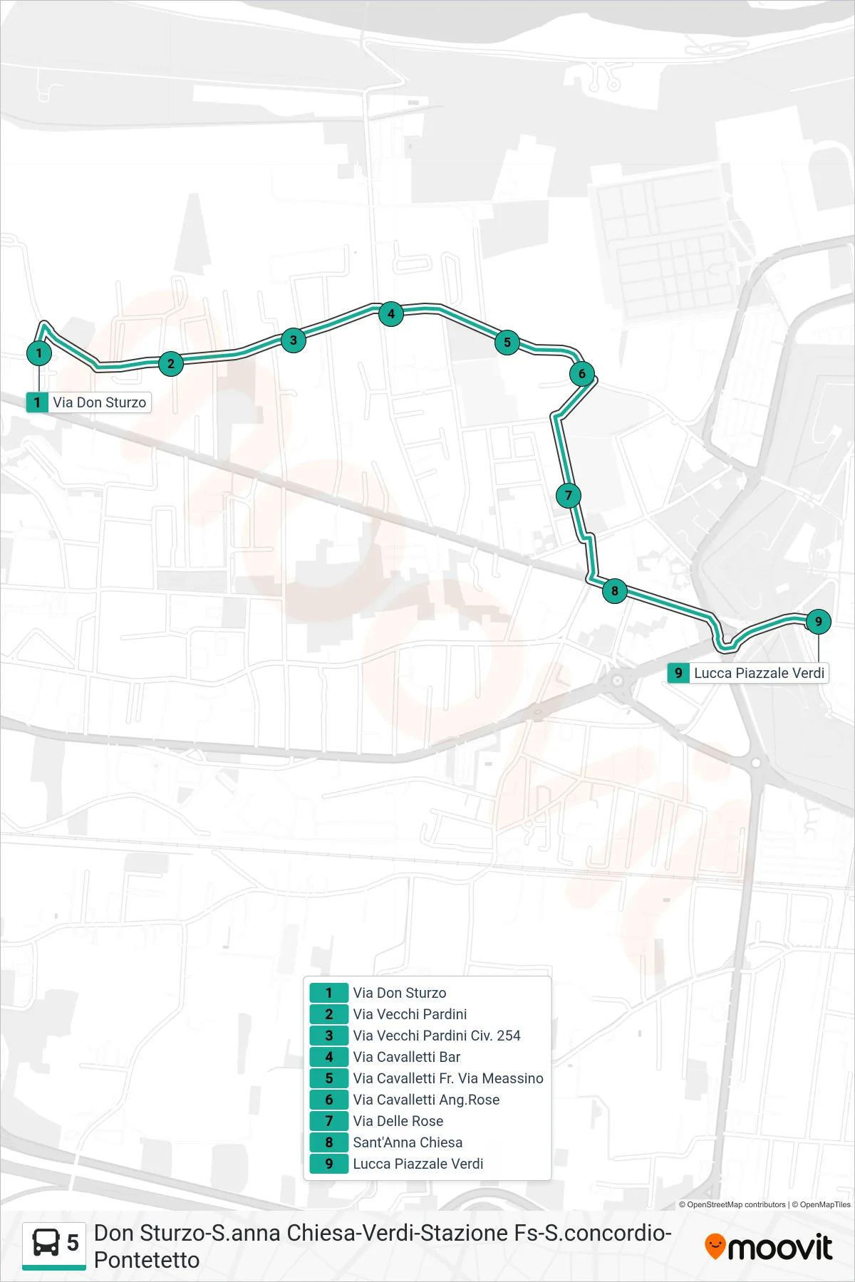 Linea 5  tram (Lucca Piazzale Verdi) - Percorsi e fermate sulla mappa