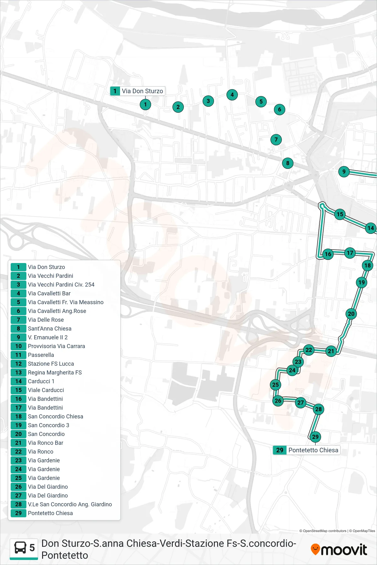 Linea 5 tram (Pontetetto Chiesa) - Percorsi e fermate sulla mappa