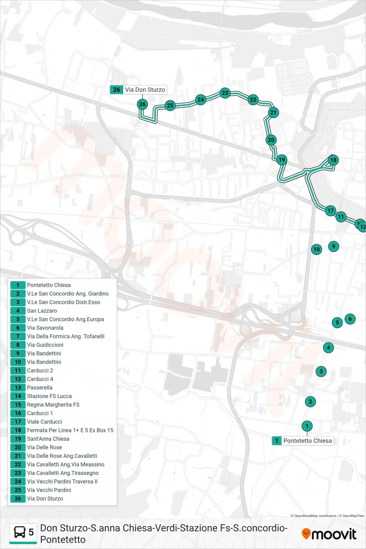 Linea 5 tram (Via Don Sturzo) - Percorsi e fermate sulla mappa
