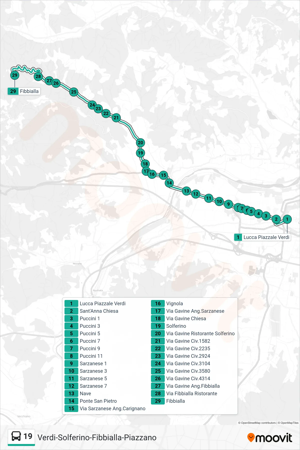 Linea 19 tram (Fibbialla) - Percorsi e fermate sulla mappa