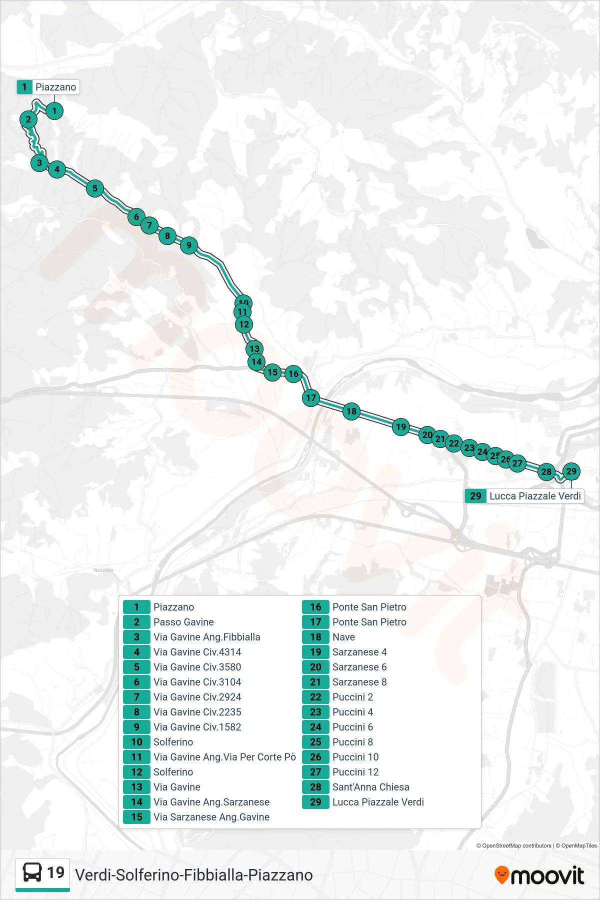 Linea 19  tram (Lucca Piazzale Verdi) - Percorsi e fermate sulla mappa