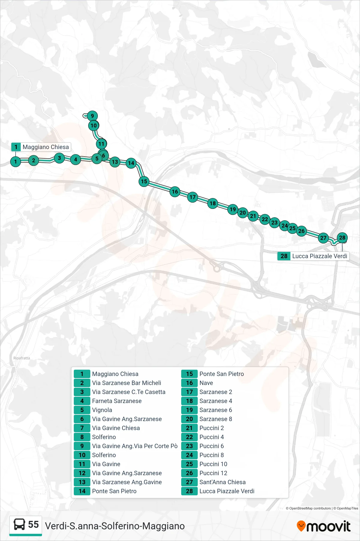 Linea 55 tram (Lucca Piazzale Verdi) - Percorsi e fermate sulla mappa