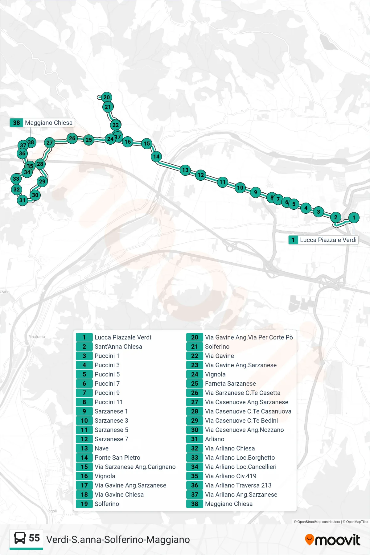 Linea 55 tram (Maggiano Chiesa) - Percorsi e fermate sulla mappa