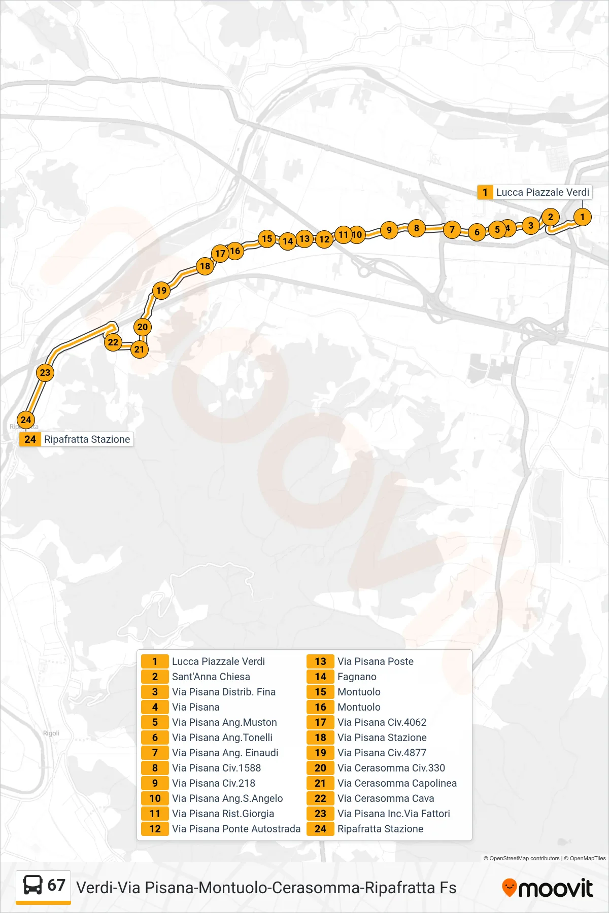 Linea 67 tram (Ripafratta Stazione) - Percorsi e fermate sulla mappa