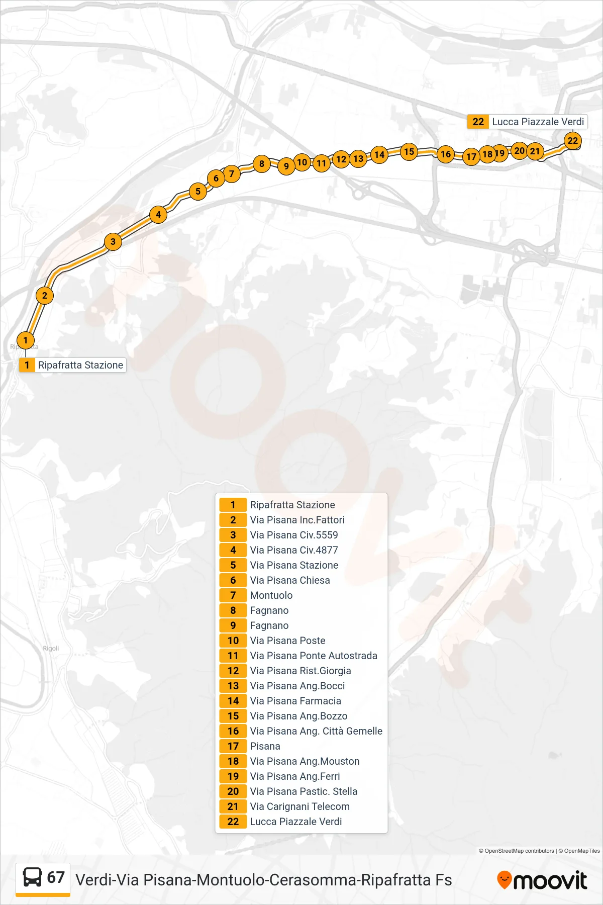 Linea 67 tram (Lucca Piazzale Verdi) - Percorsi e fermate sulla mappa