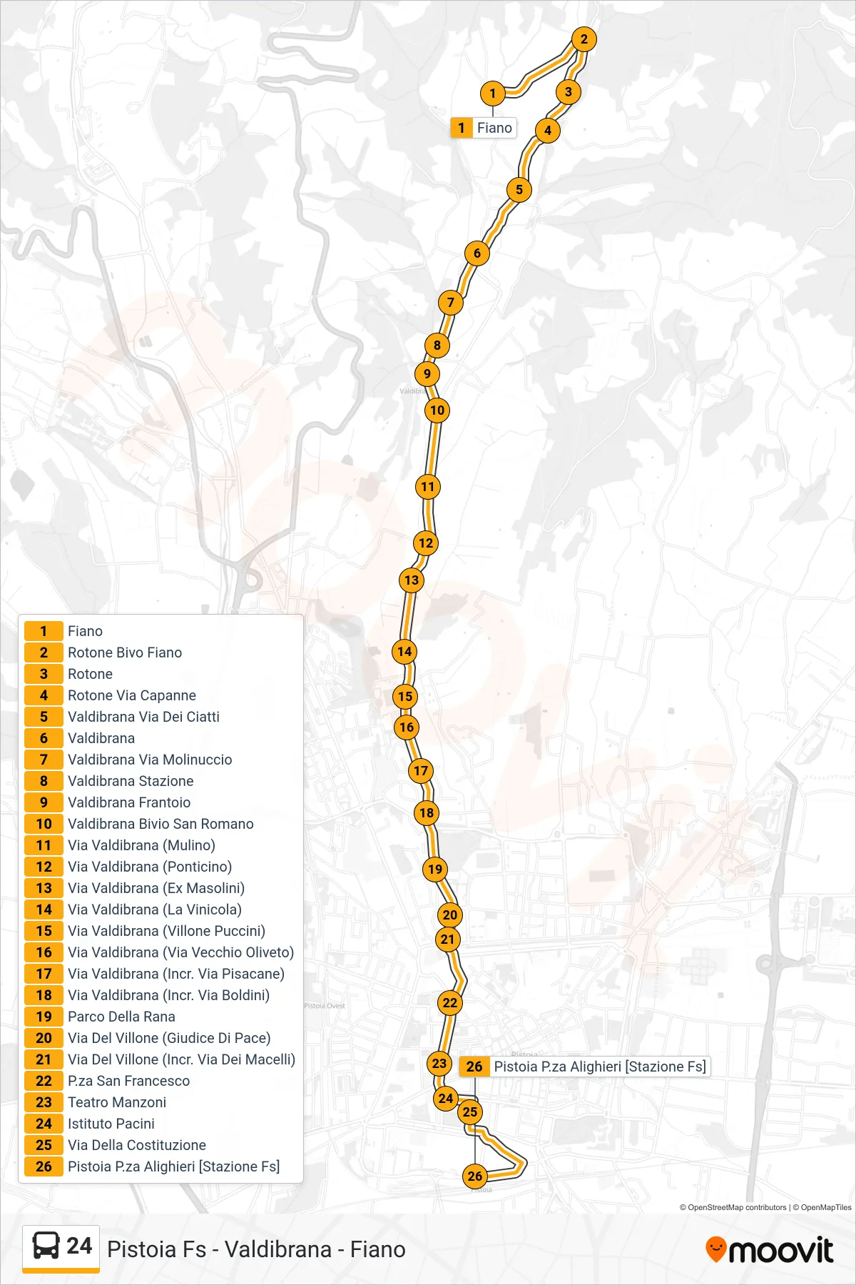 Linea 24  bus (Pistoia P.za Alighieri [Stazione]) - Percorsi e fermate sulla mappa
