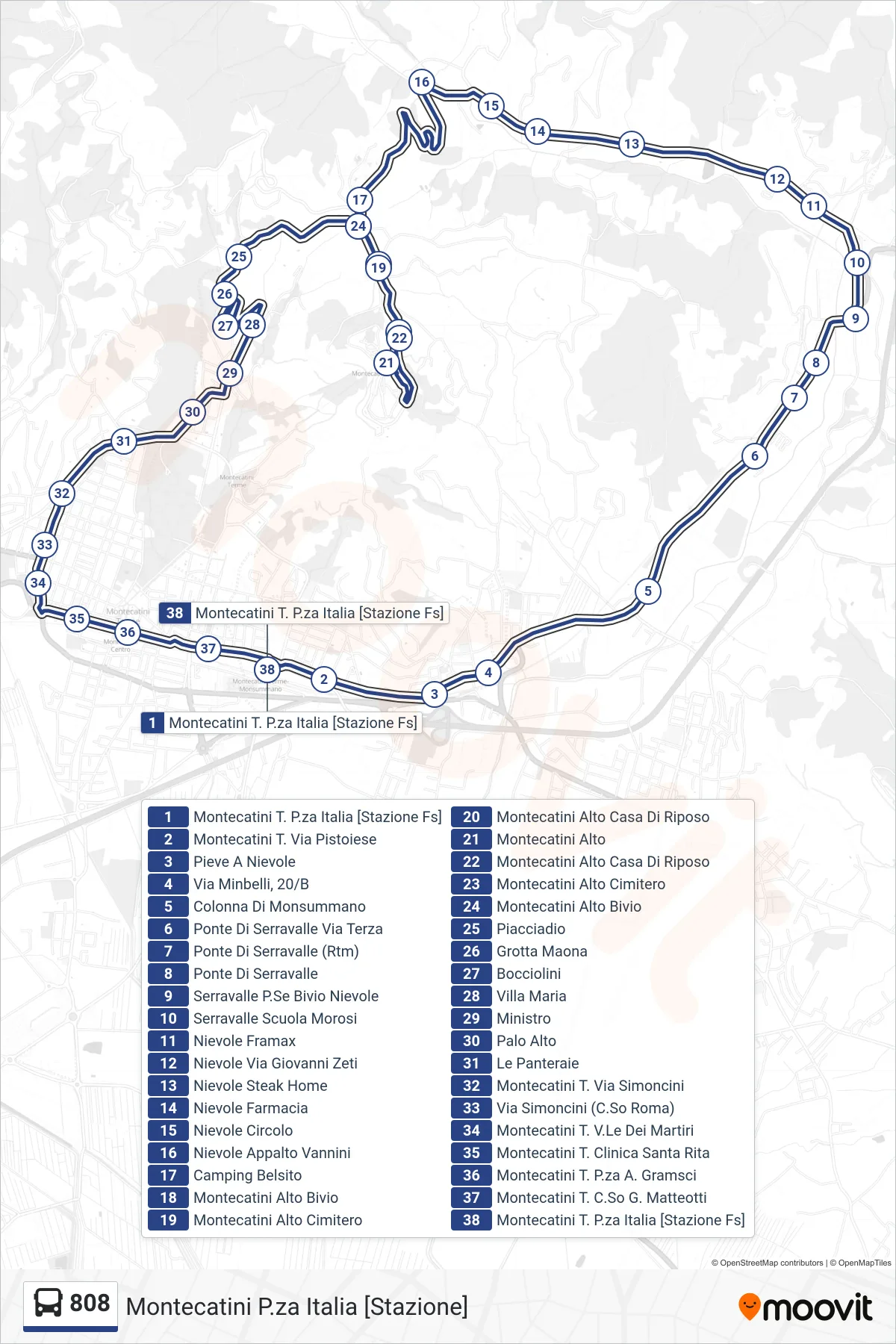 Linea 808  bus (Montecatini P.za Italia [Stazione]) - Percorsi e fermate sulla mappa