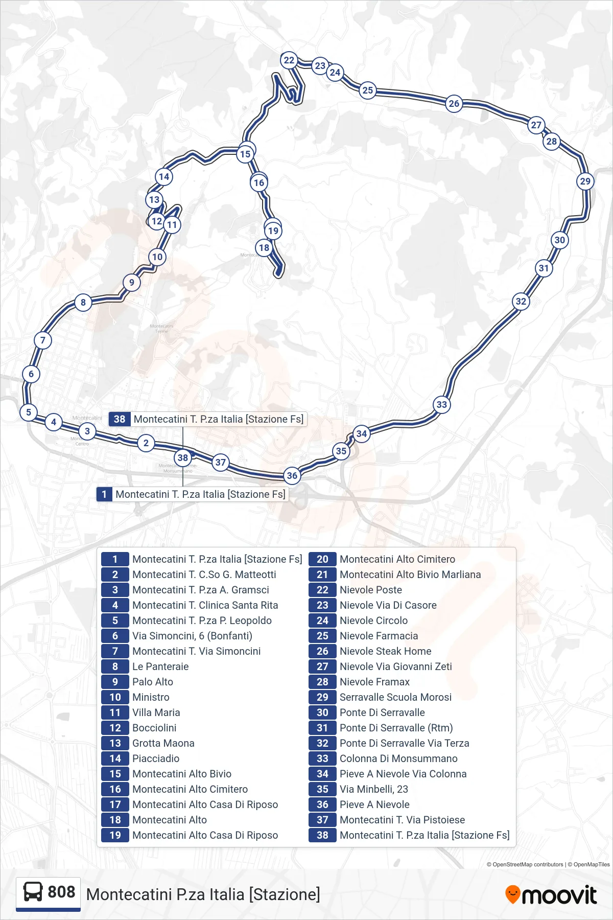 Linea 808  bus (Montecatini P.za Italia [Stazione]) - Percorsi e fermate sulla mappa