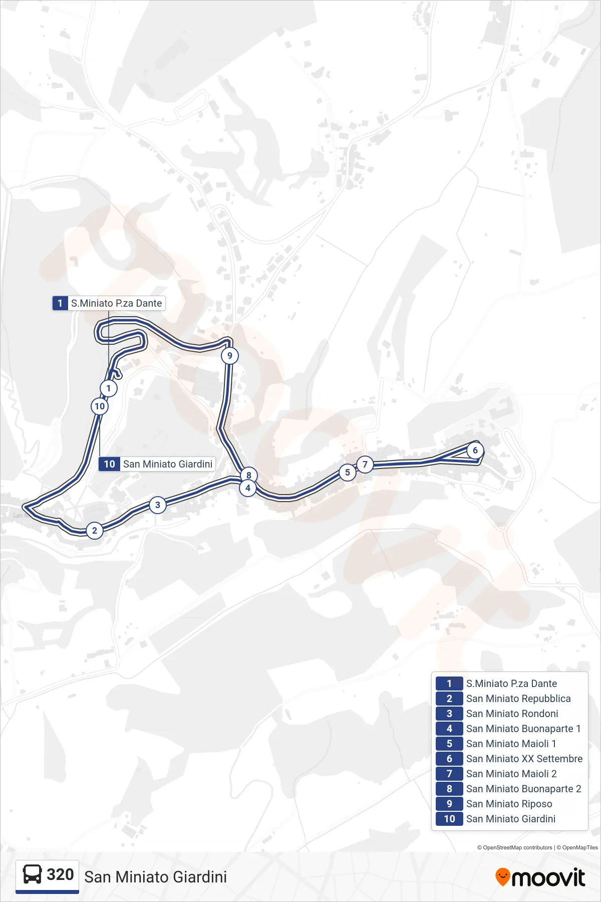 Linea 320  tram (San Miniato Giardini) - Percorsi e fermate sulla mappa
