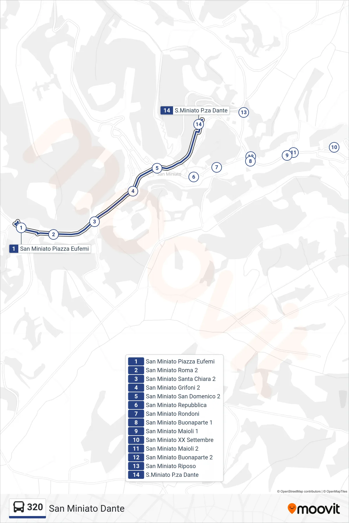 Linea 320 tram (San Miniato Dante) - Percorsi e fermate sulla mappa
