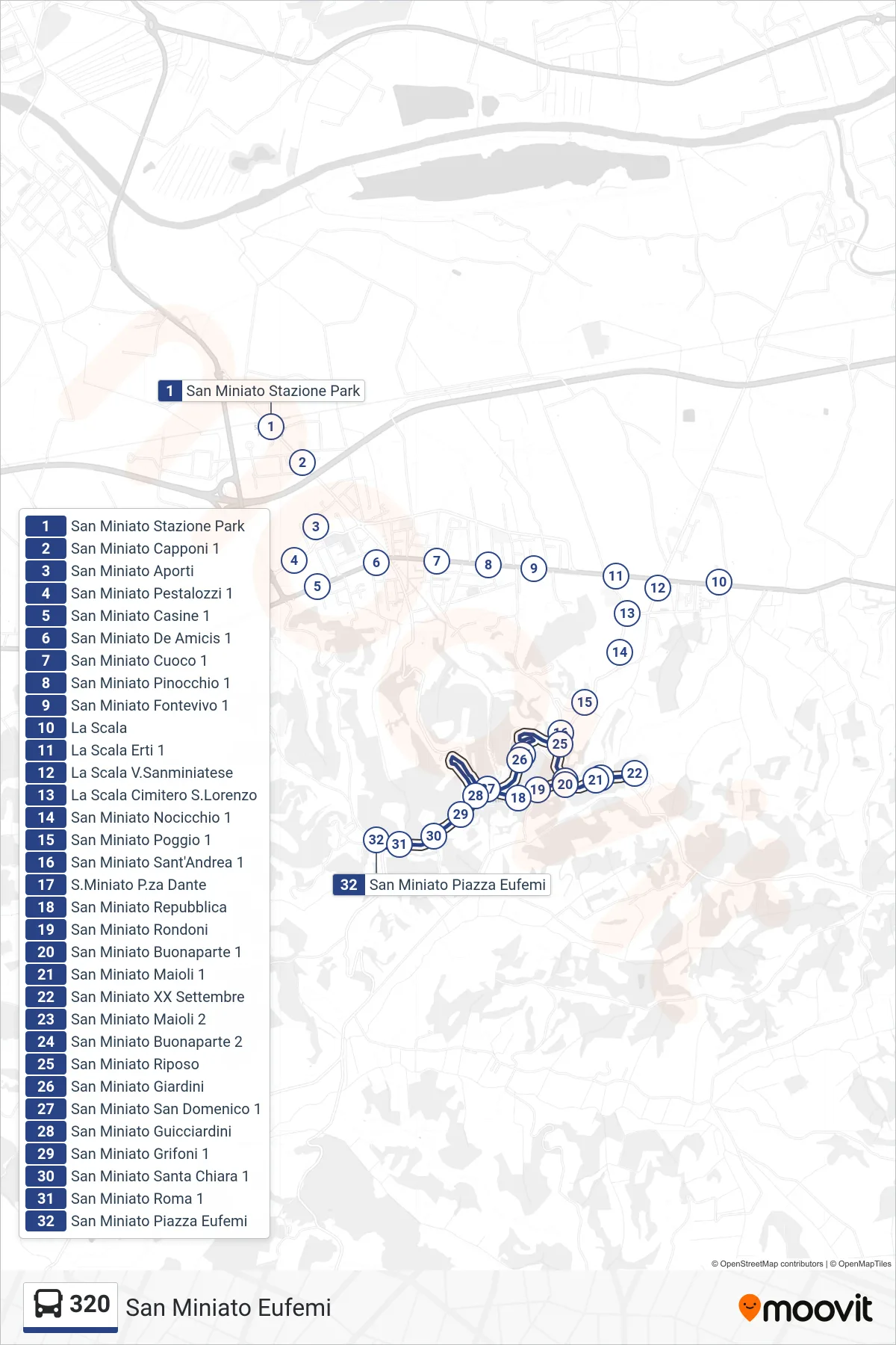 Linea 320  tram (San Miniato Eufemi) - Percorsi e fermate sulla mappa