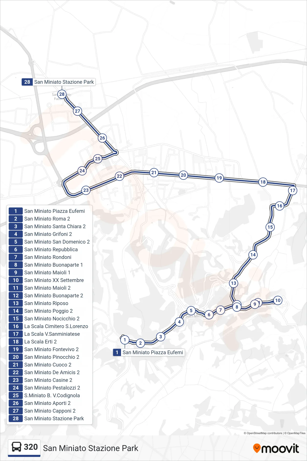Linea 320 tram (San Miniato Stazione Park) - Percorsi e fermate sulla mappa