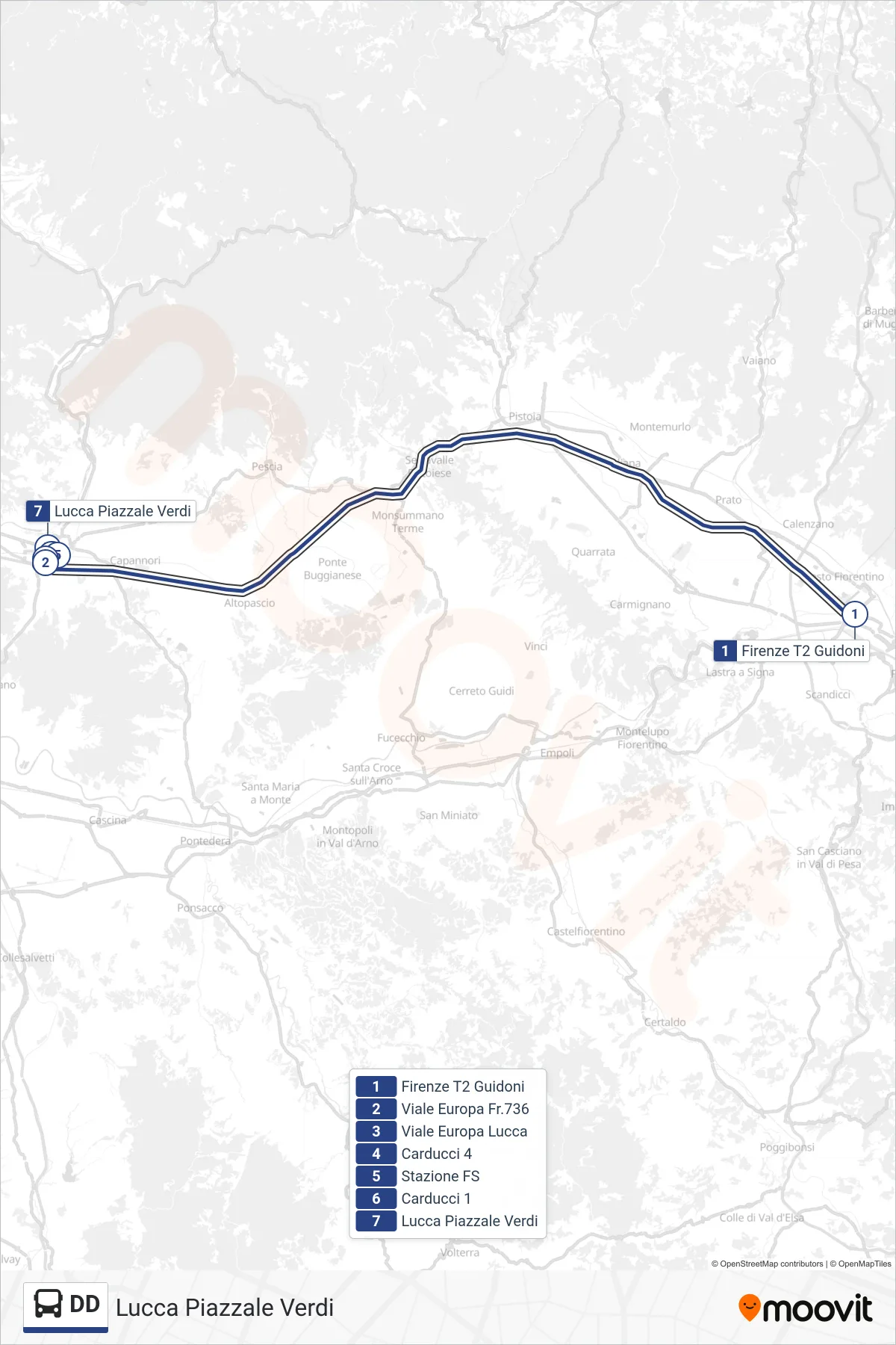 Linea DD tram (Lucca Piazzale Verdi) - Percorsi e fermate sulla mappa