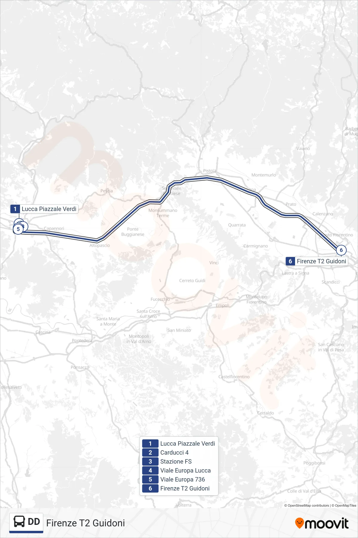 Linea DD tram (Firenze T2 Guidoni) - Percorsi e fermate sulla mappa