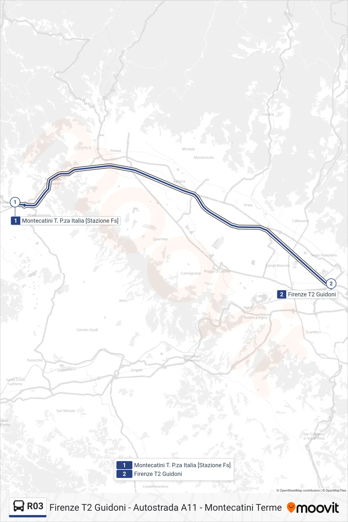 Linea R03  tram (Firenze T2 Guidoni) - Percorsi e fermate sulla mappa