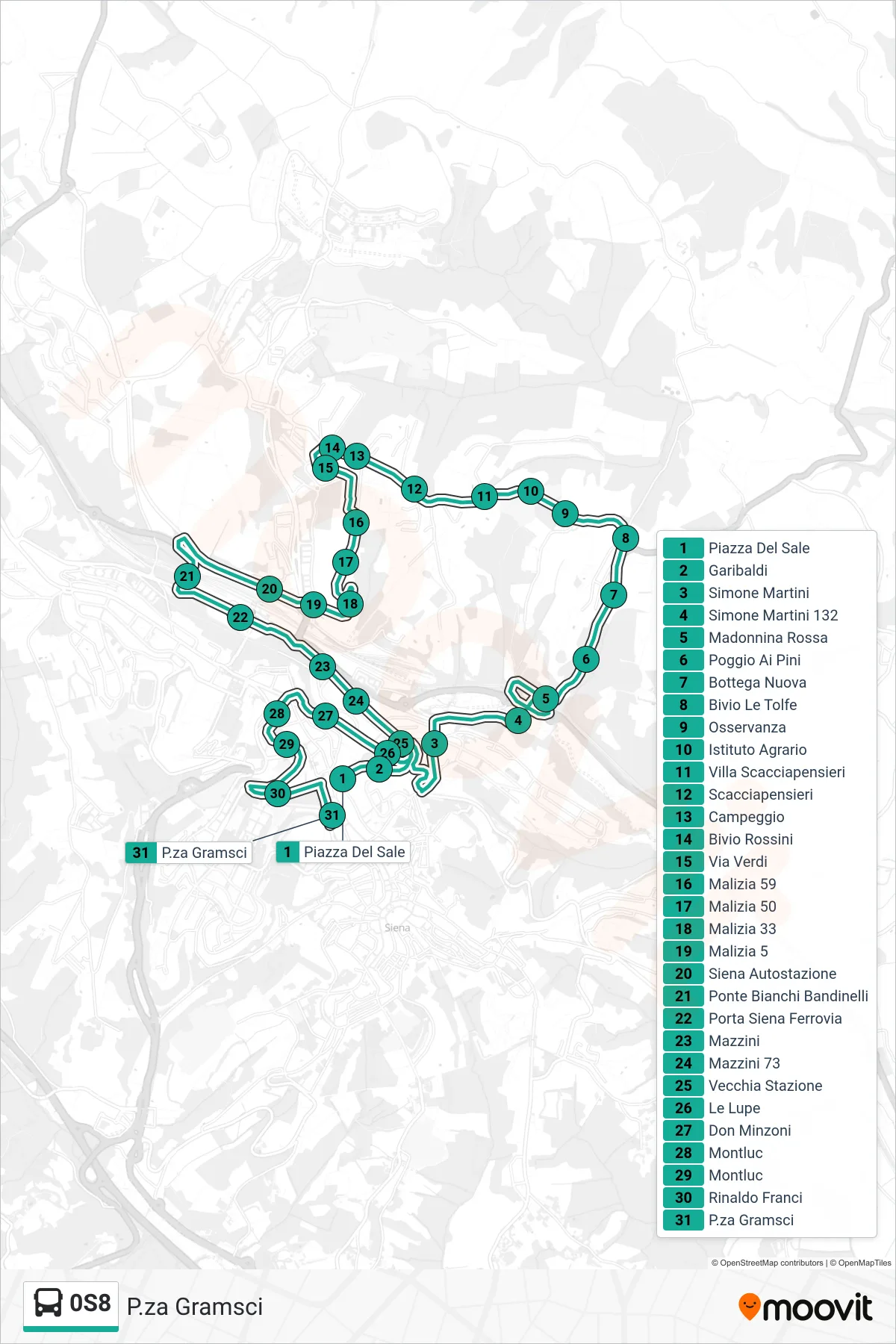 Linea 0S8 bus (P.za Gramsci) - Percorsi e fermate sulla mappa