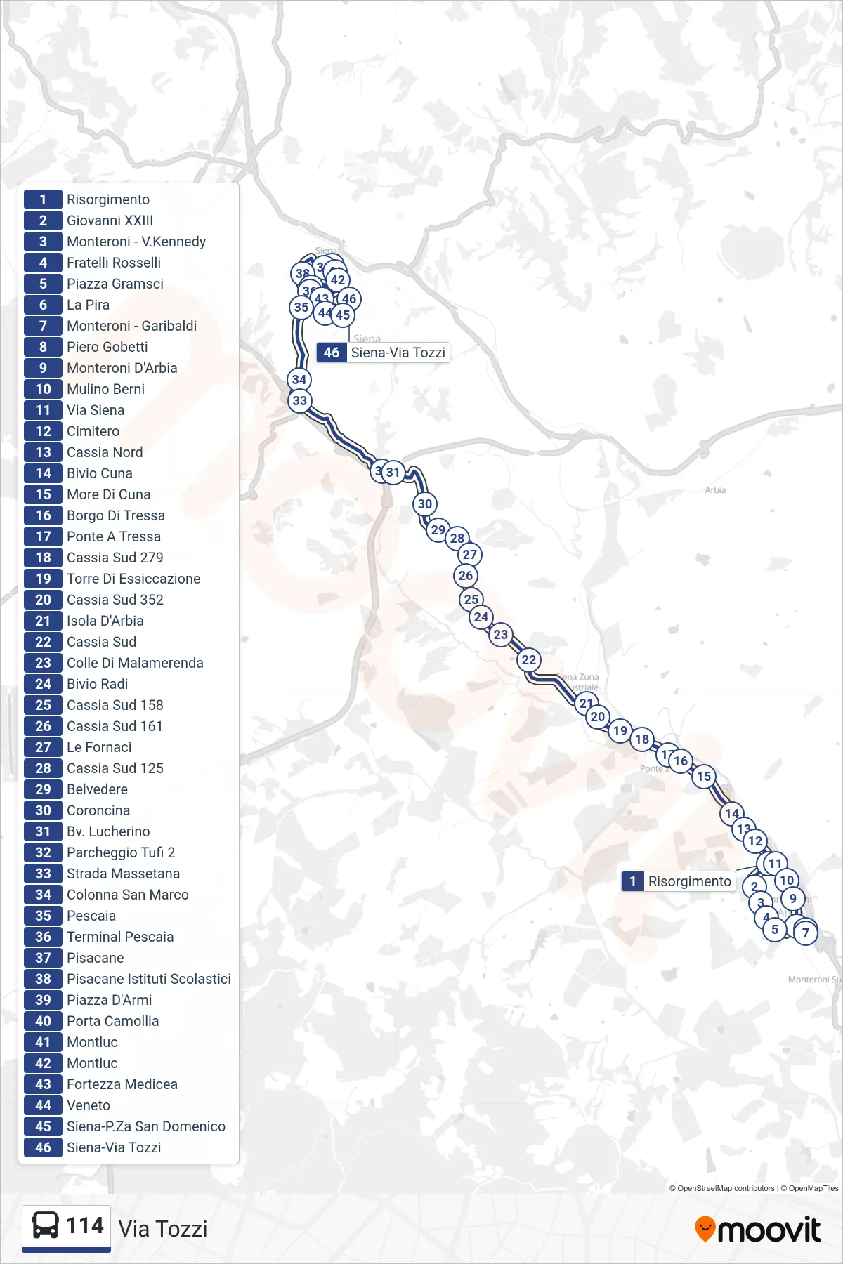 Linea 114 bus (Via Tozzi) - Percorsi e fermate sulla mappa