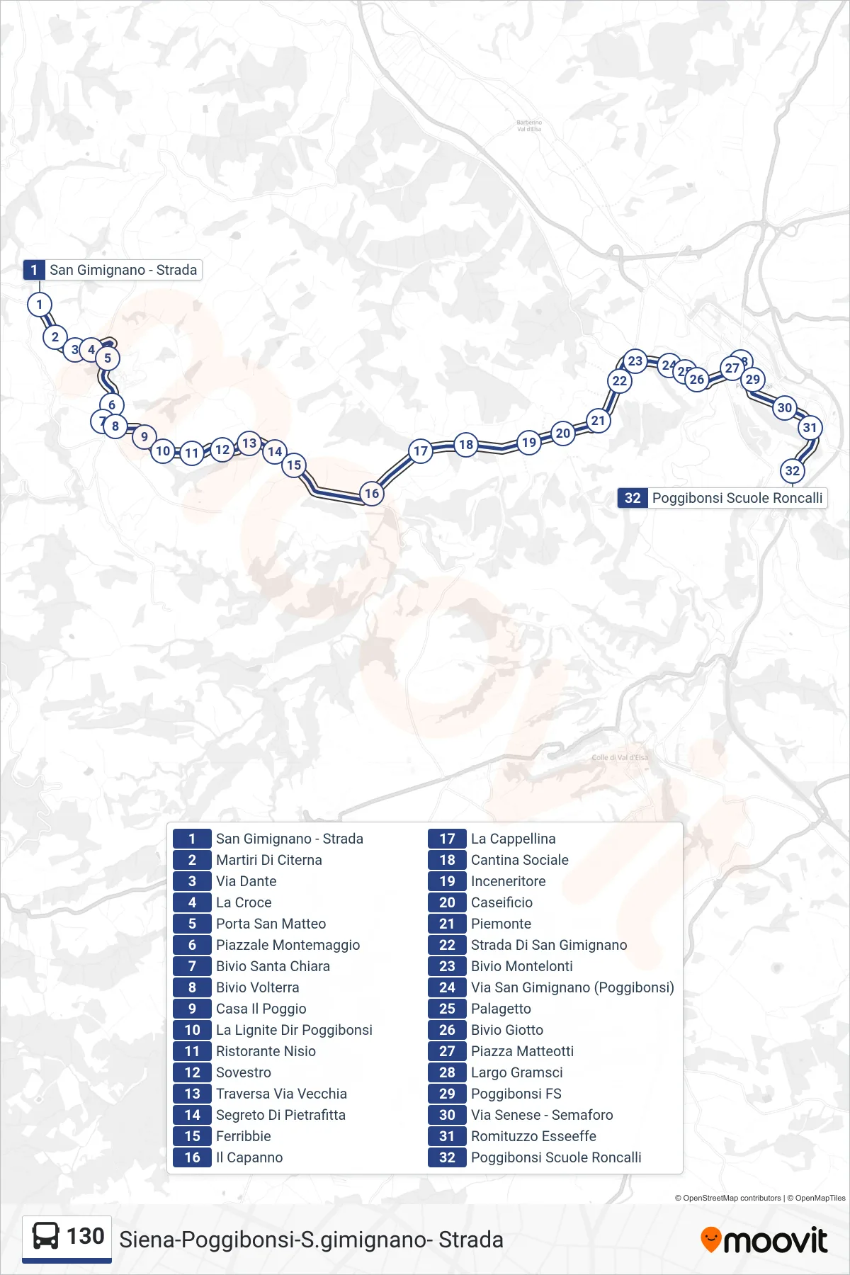 Linea 130 bus (Poggibonsi Scuole Roncalli) - Percorsi e fermate sulla mappa