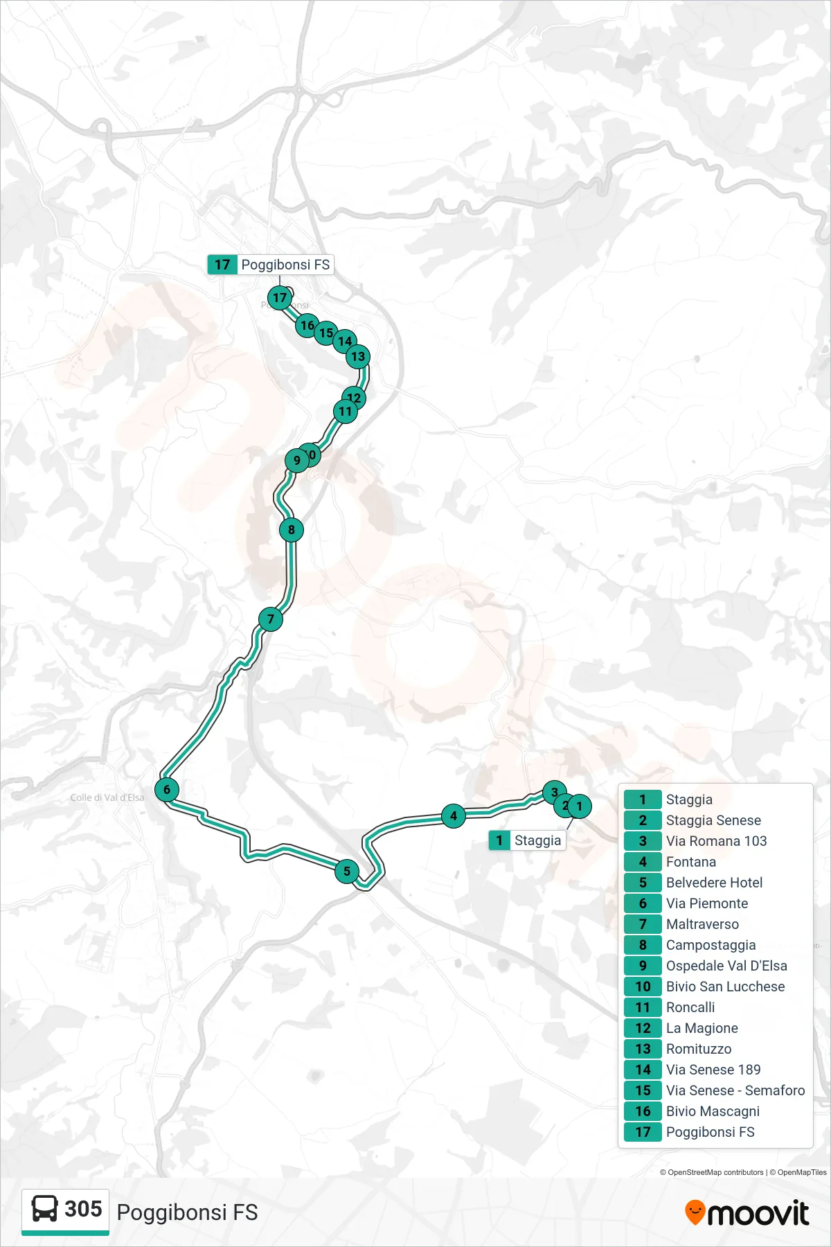 Linea 305 bus (Poggibonsi FS) - Percorsi e fermate sulla mappa