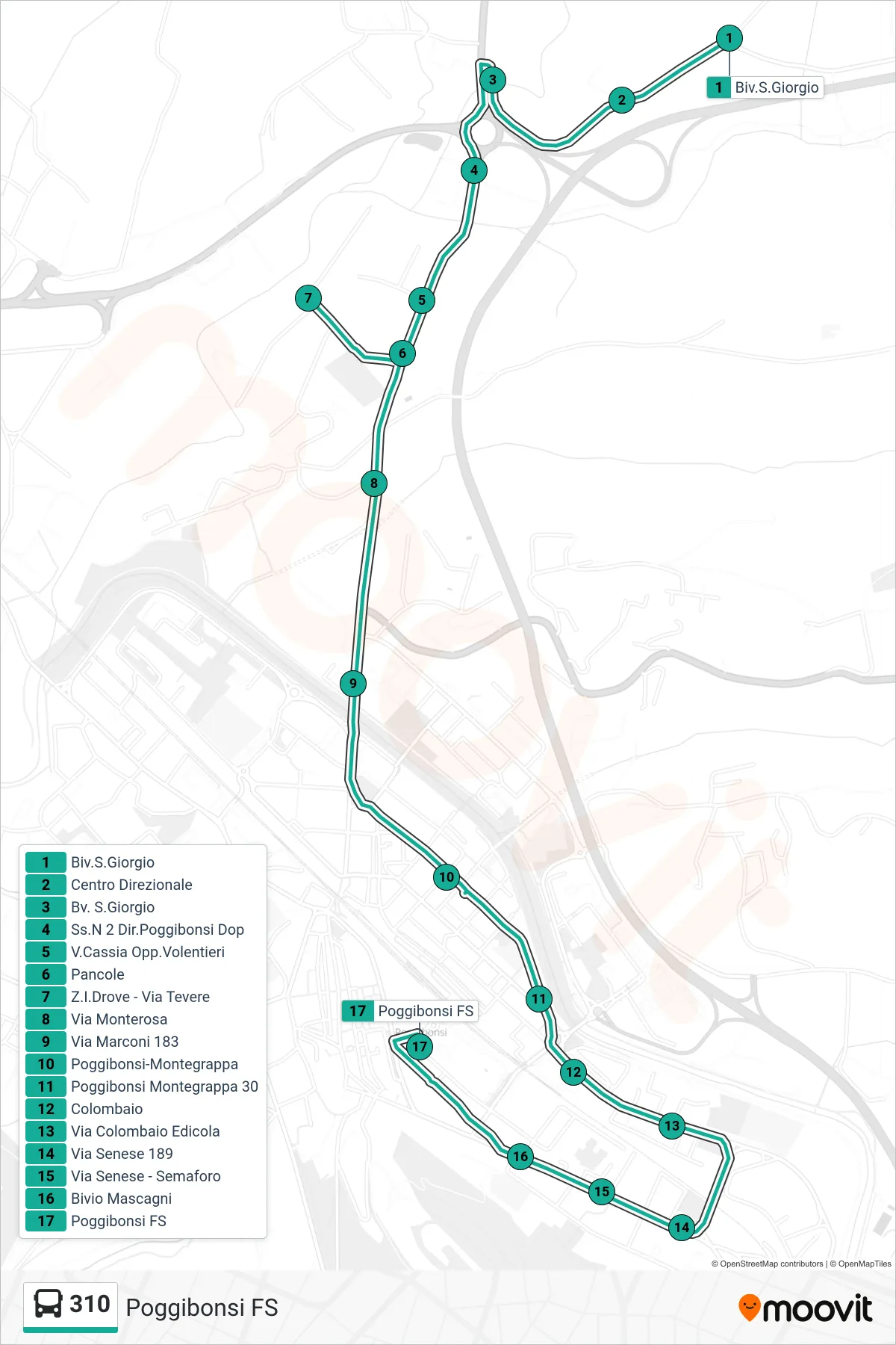Linea 310 bus (Poggibonsi FS) - Percorsi e fermate sulla mappa