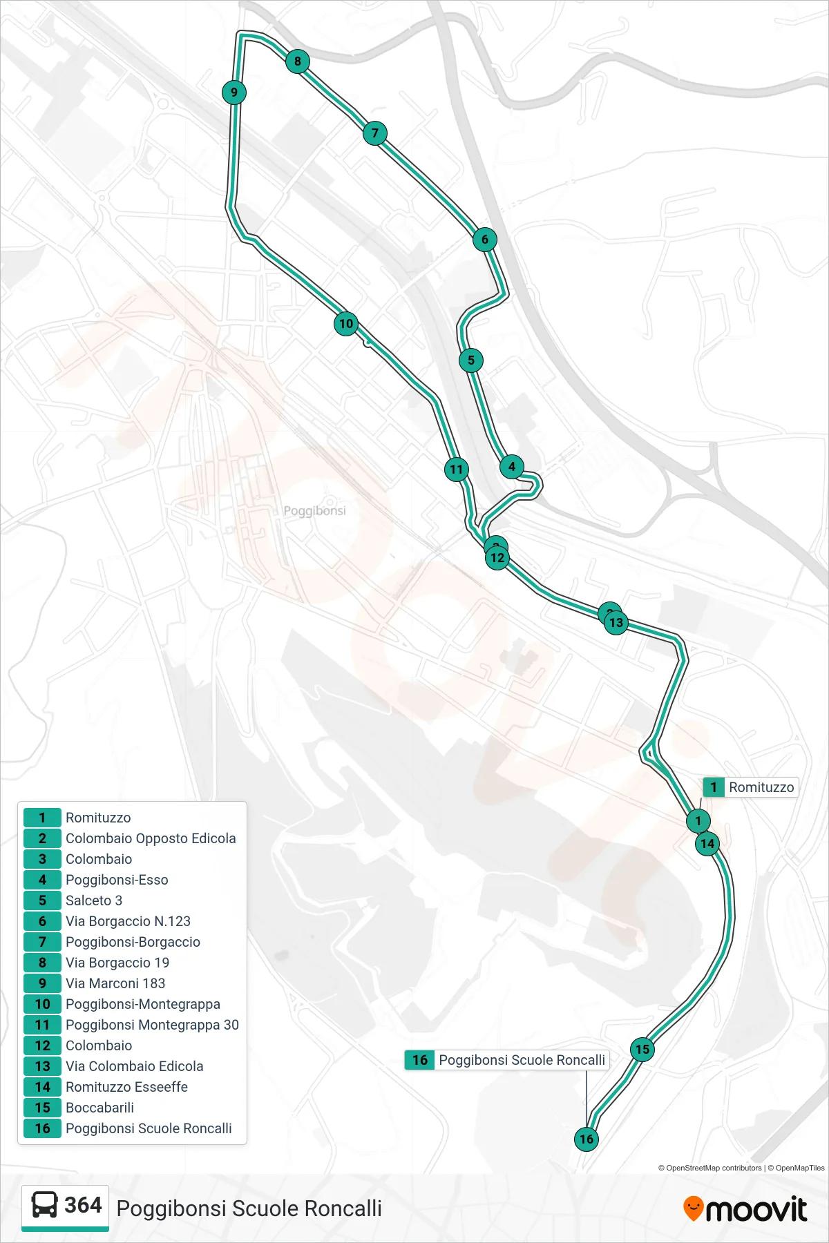 Linea 364 bus (Poggibonsi Scuole Roncalli) - Percorsi e fermate sulla mappa