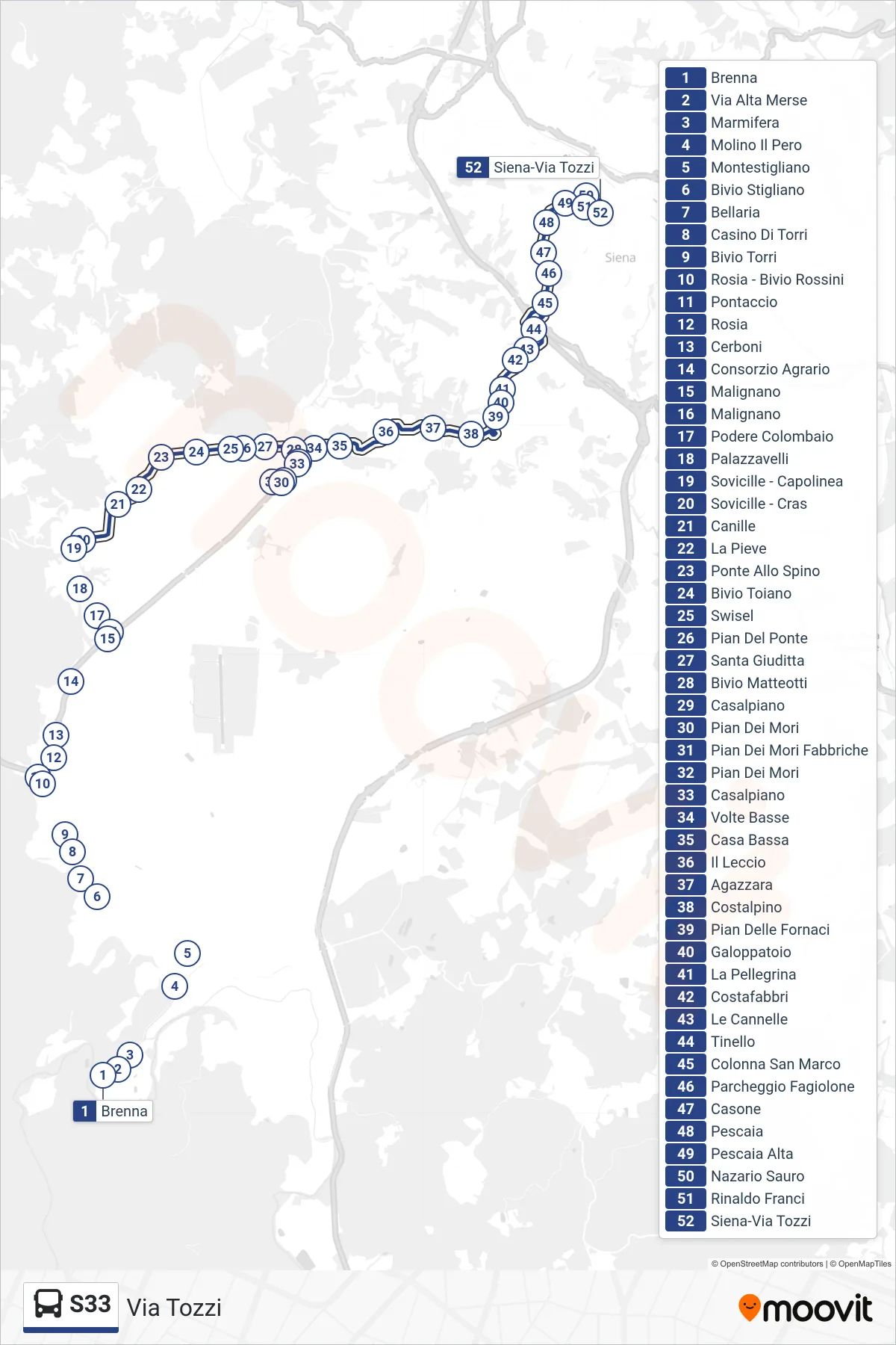 Linea S33 bus (Via Tozzi) - Percorsi e fermate sulla mappa