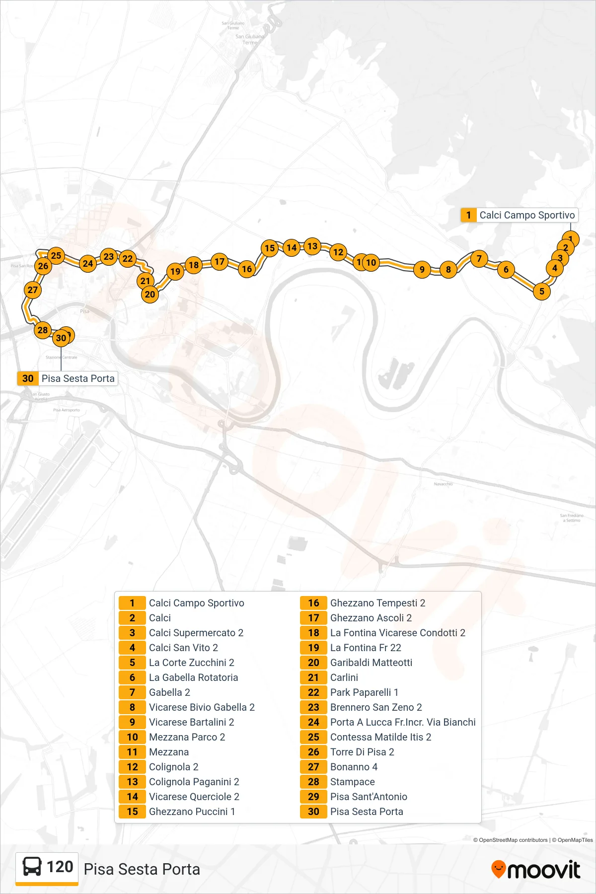 Linea 120 tram (Pisa Sesta Porta) - Percorsi e fermate sulla mappa