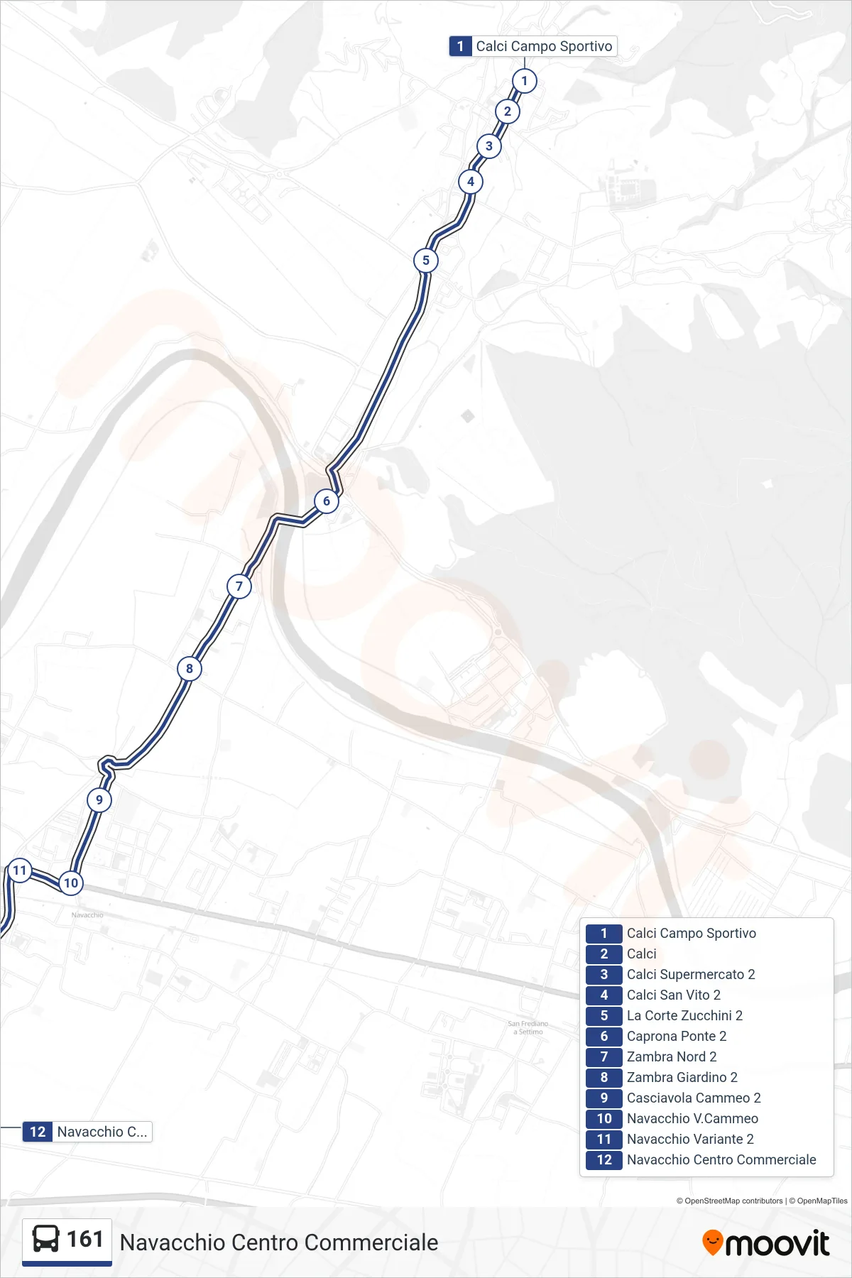 Linea 161  tram (Navacchio Centro Commerciale) - Percorsi e fermate sulla mappa