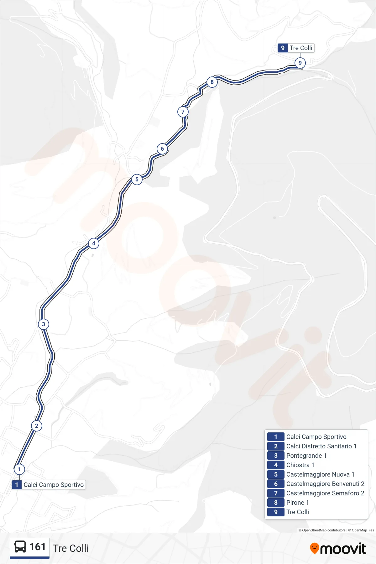 Linea 161 tram (Tre Colli) - Percorsi e fermate sulla mappa