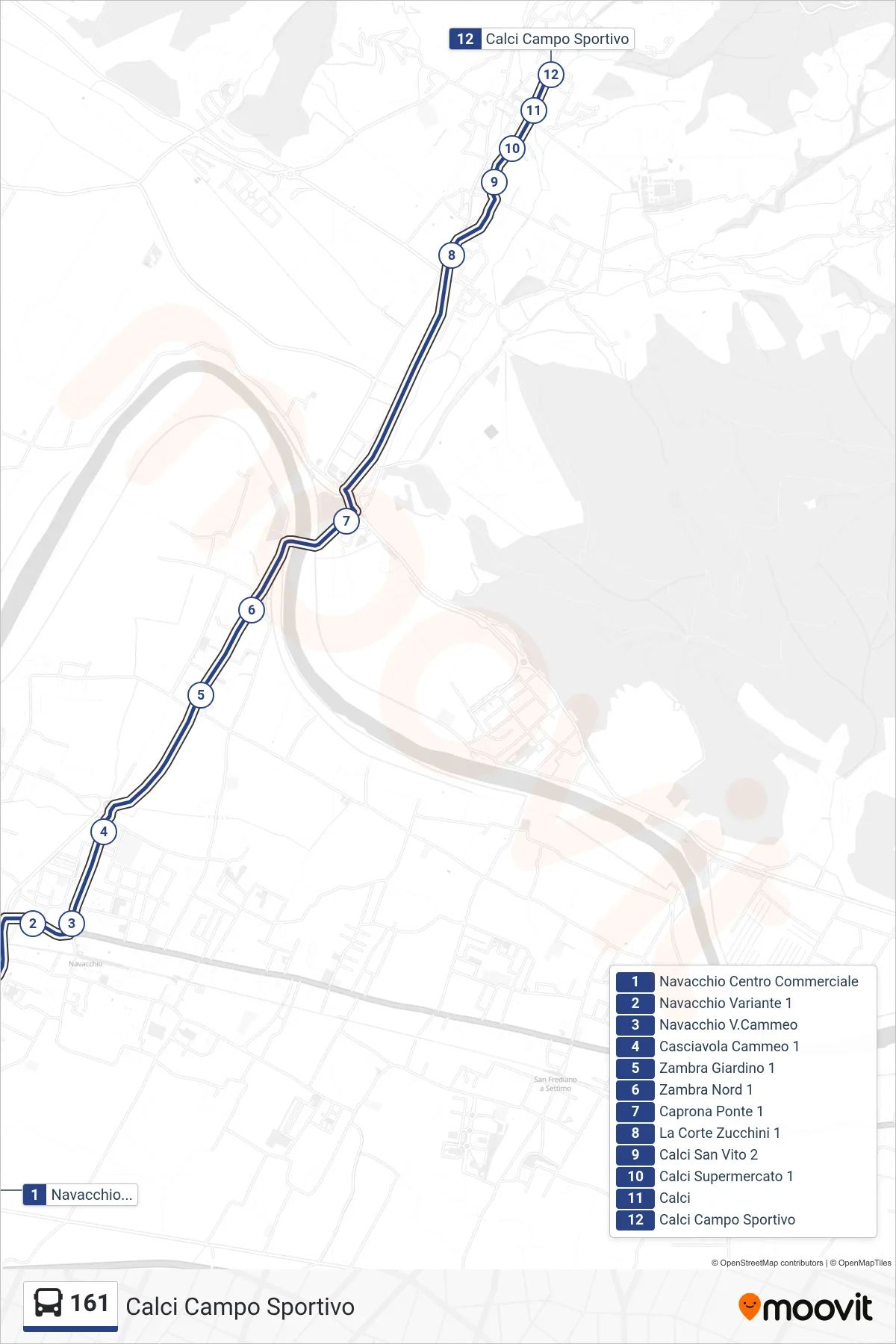 Linea 161  tram (Calci Campo Sportivo) - Percorsi e fermate sulla mappa