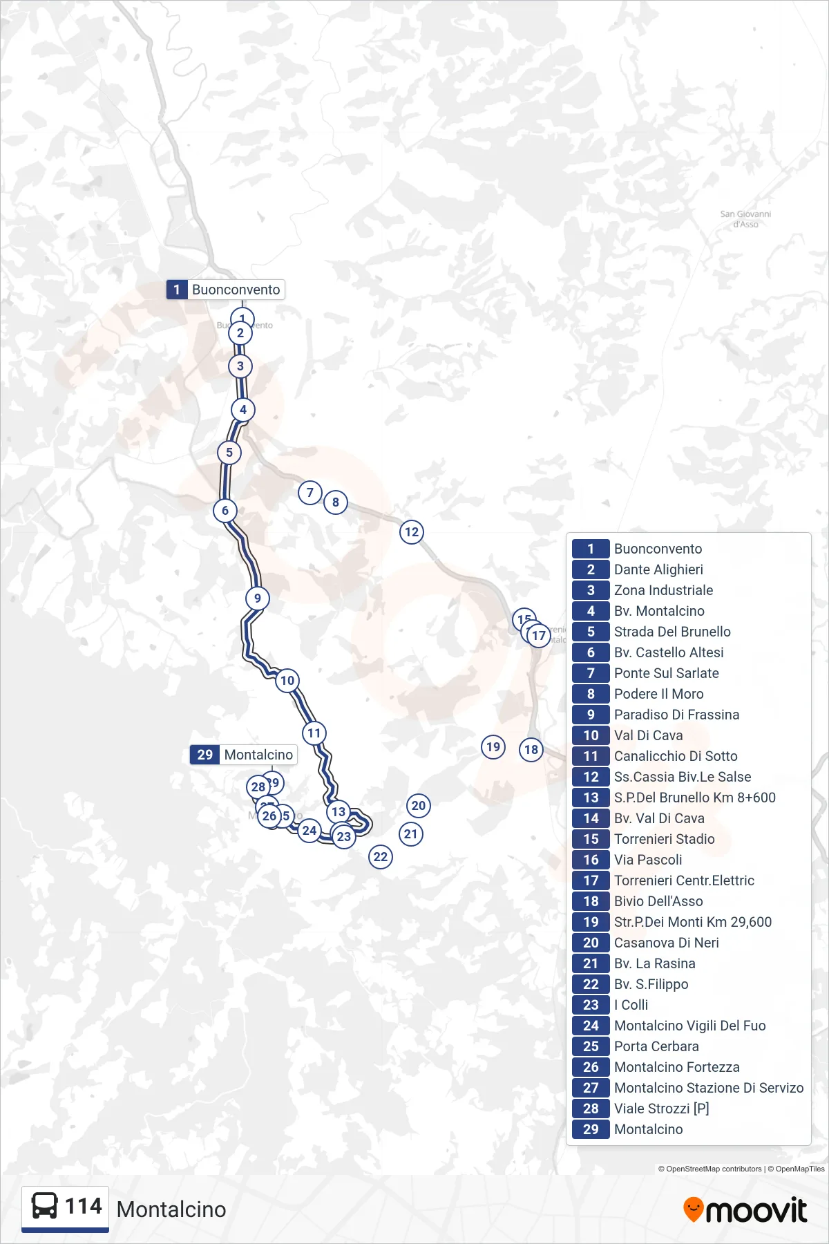 Linea 114 tram (Montalcino) - Percorsi e fermate sulla mappa