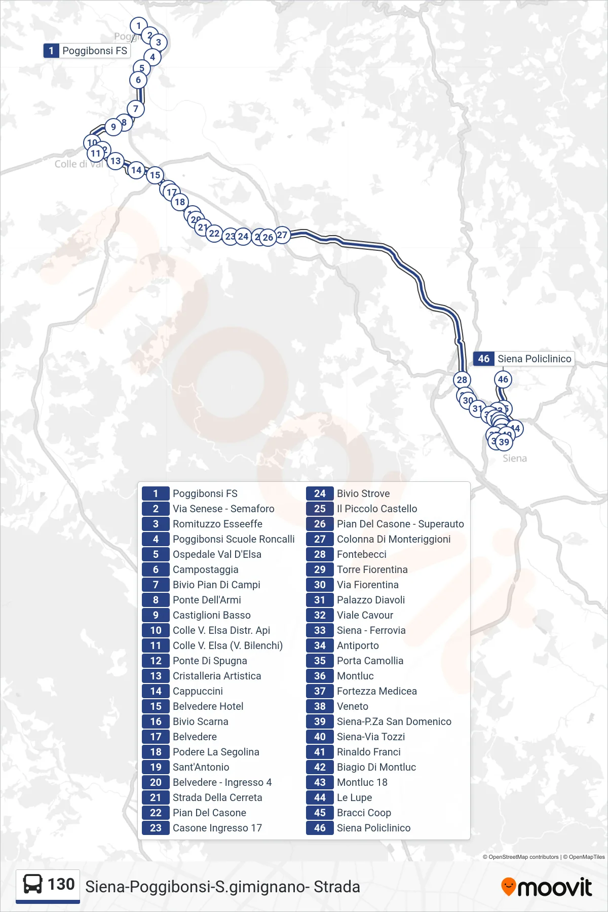 Linea 130 tram (Siena Policlinico) - Percorsi e fermate sulla mappa