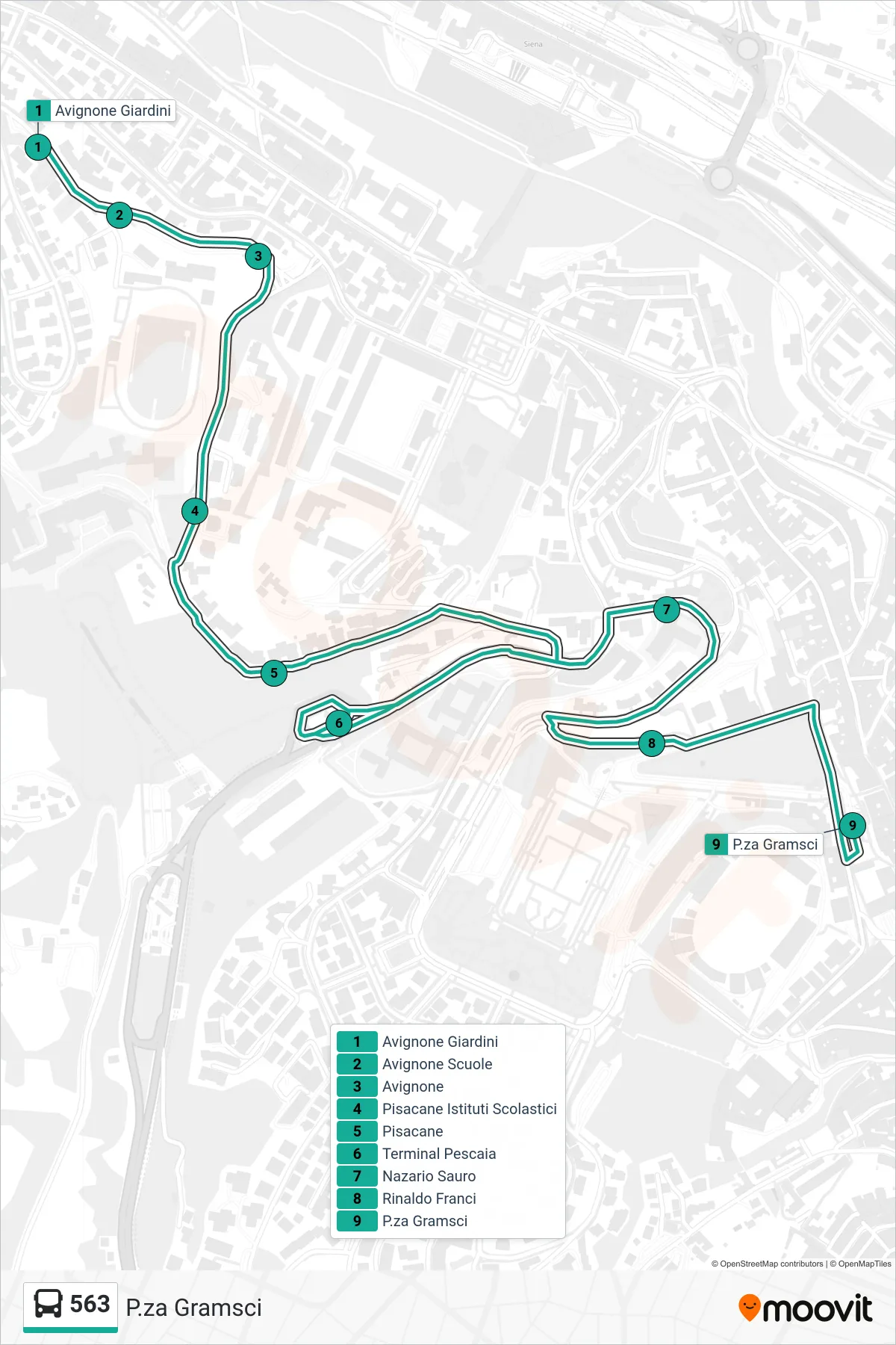 Linea 563  tram (P.za Gramsci) - Percorsi e fermate sulla mappa