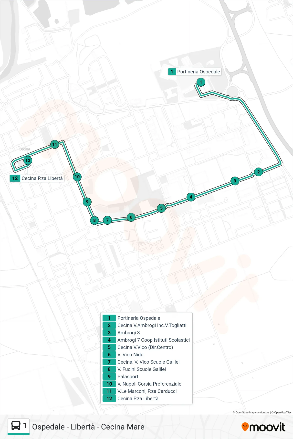 Linea 1  bus (Cecina Libertà) - Percorsi e fermate sulla mappa