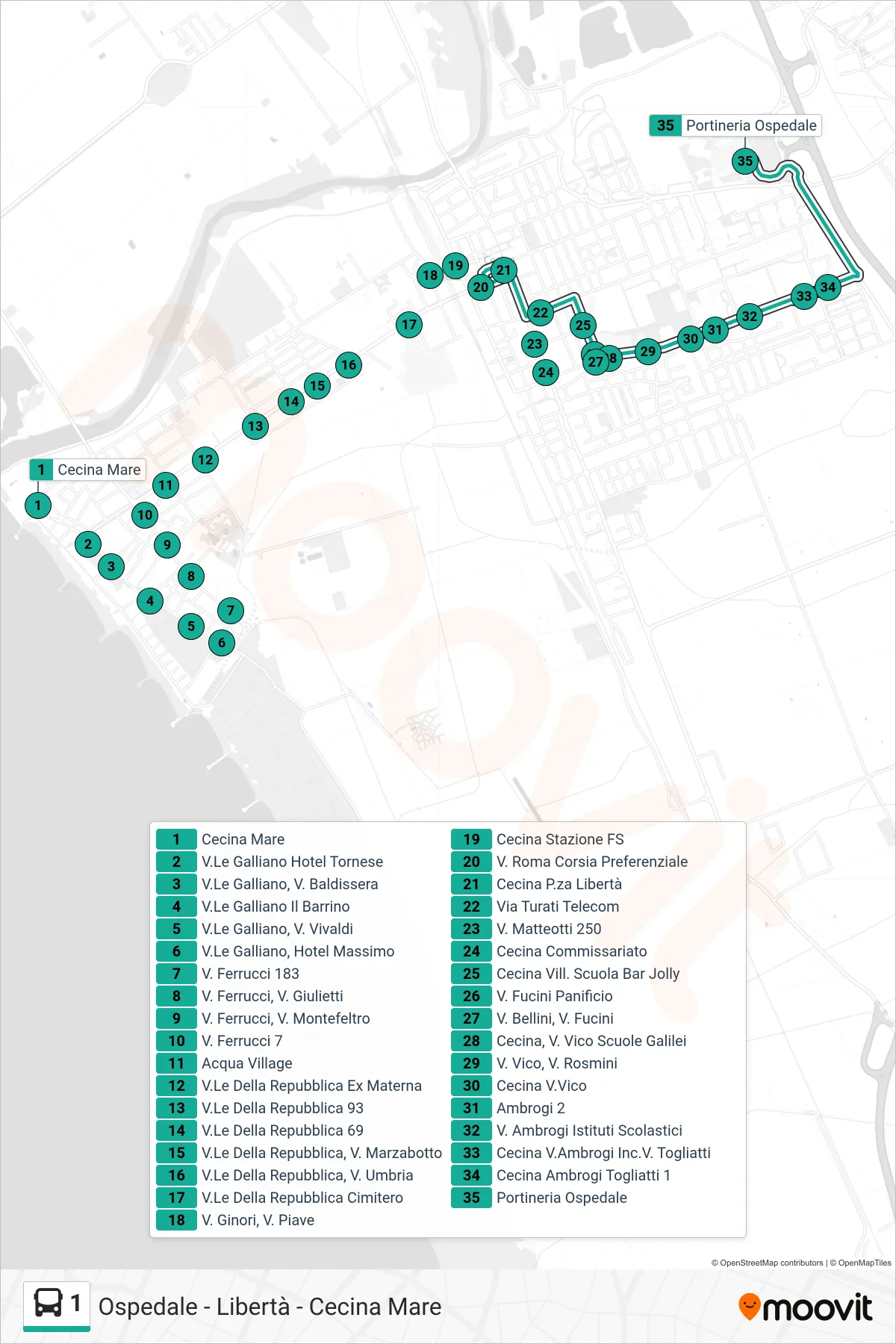 Linea 1 bus (Portineria Ospedale) - Percorsi e fermate sulla mappa