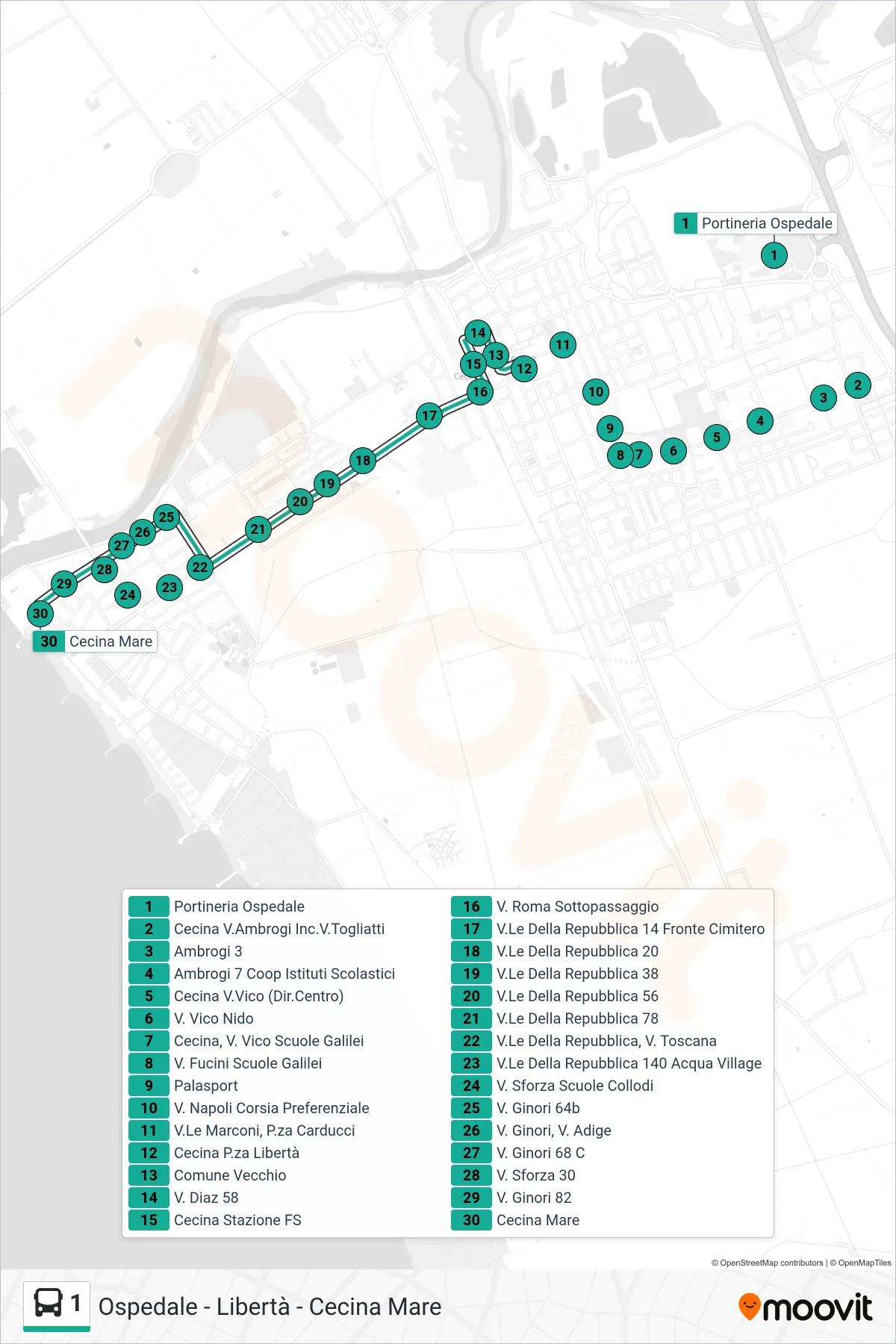 Linea 1  bus (Cecina Mare) - Percorsi e fermate sulla mappa
