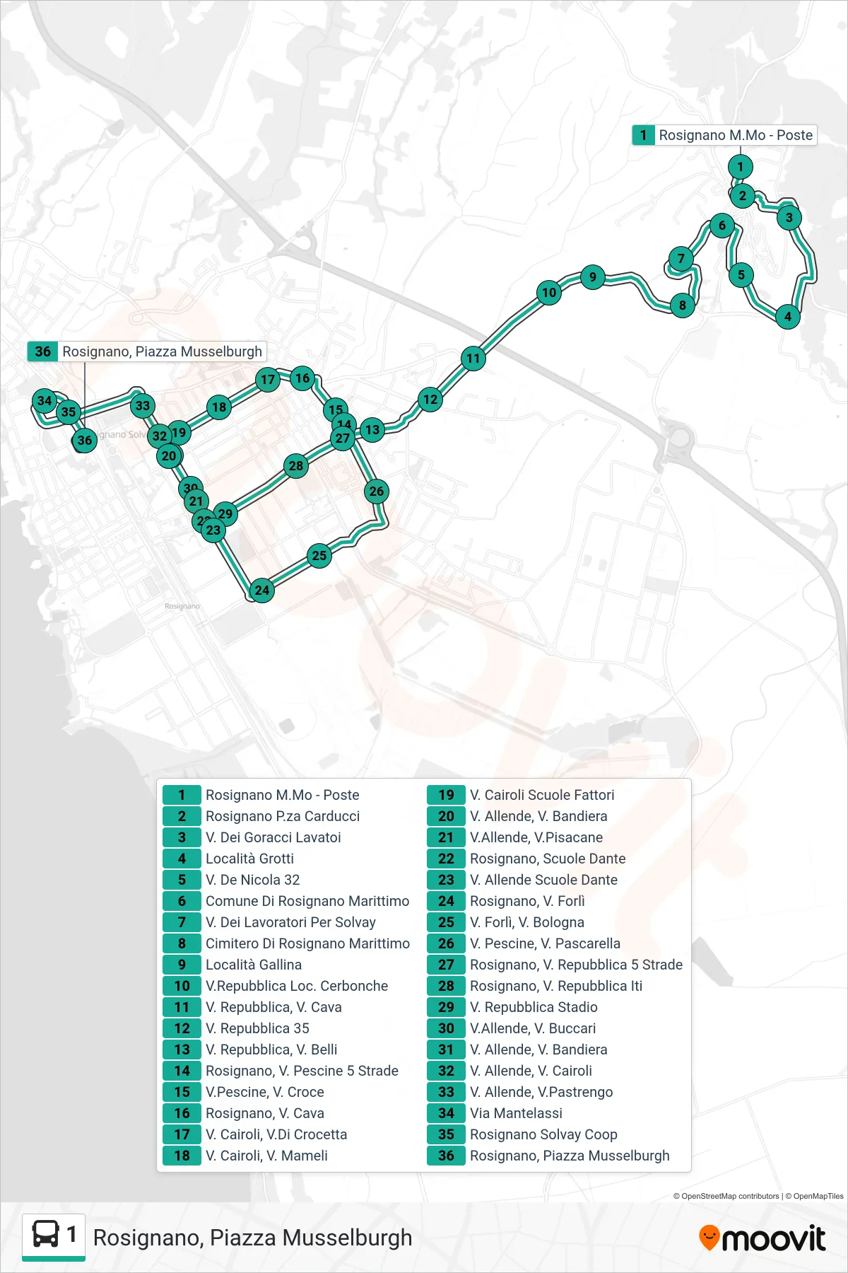 Linea 1 bus (Rosignano, Piazza Musselburgh) - Percorsi e fermate sulla mappa