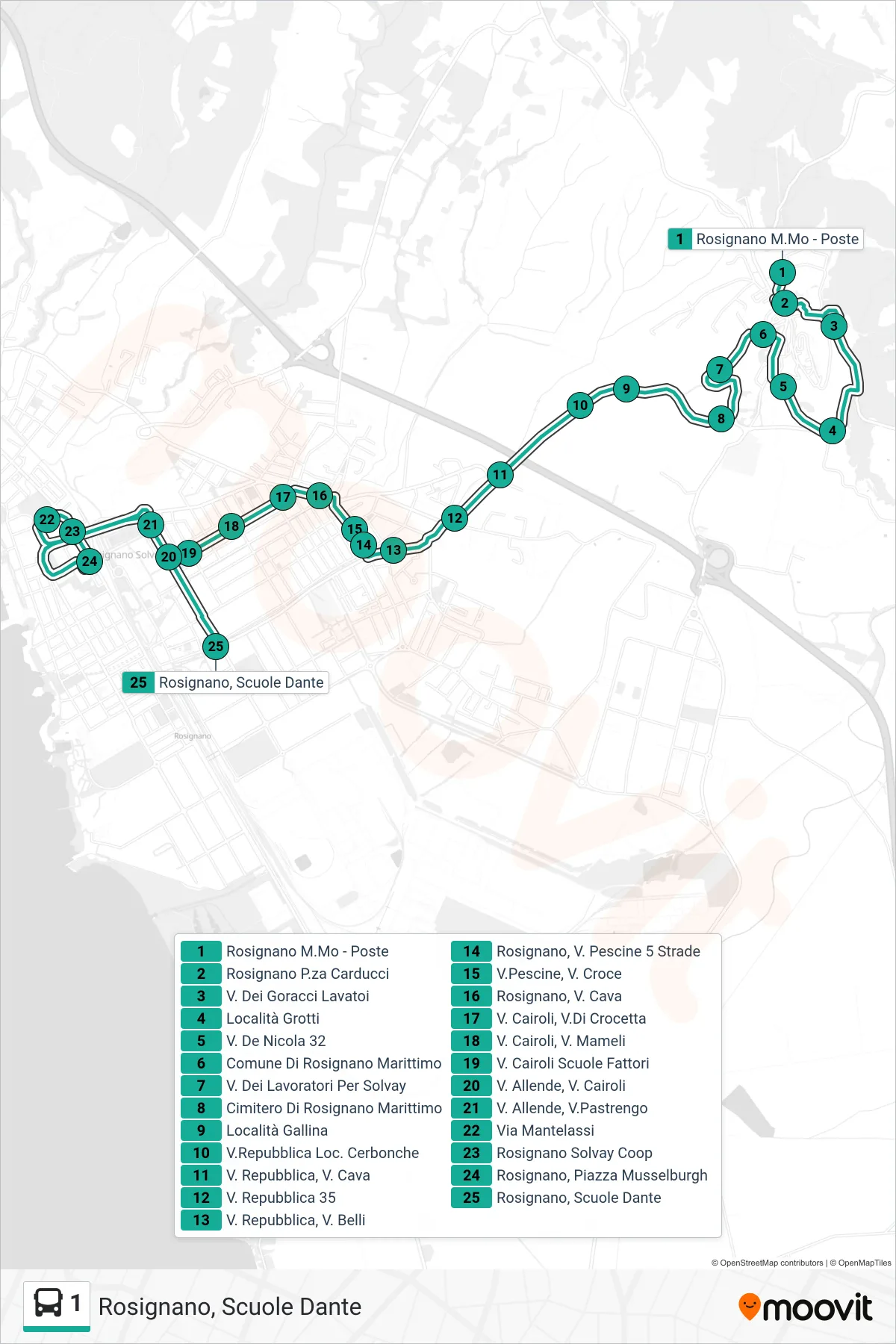 Linea 1 bus (Rosignano, Scuole Dante) - Percorsi e fermate sulla mappa
