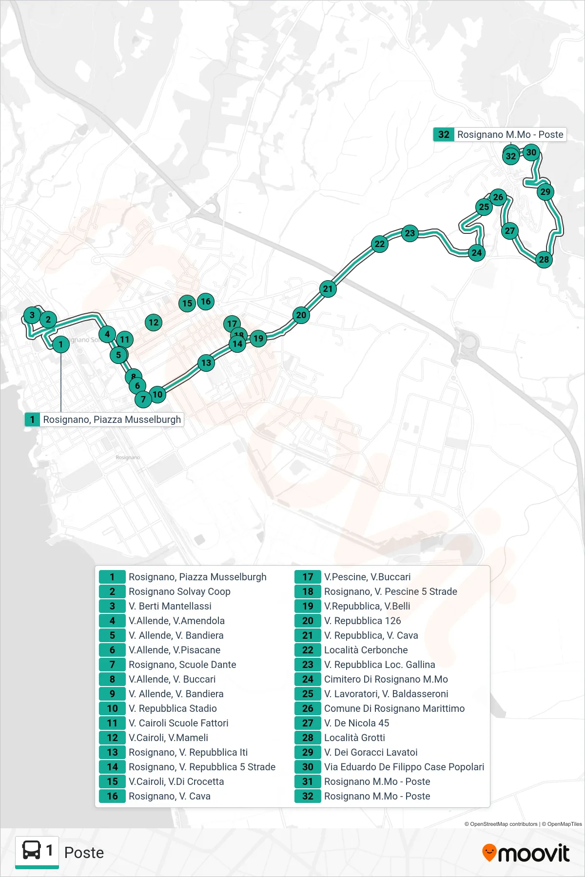 Linea 1 bus (Poste) - Percorsi e fermate sulla mappa
