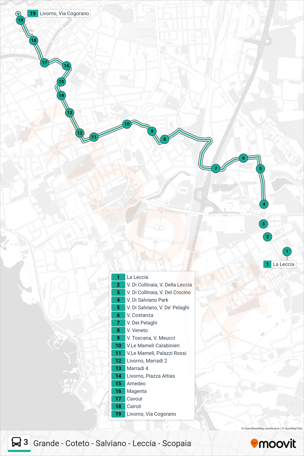 Linea 3 bus (Livorno, Via Cogorano) - Percorsi e fermate sulla mappa