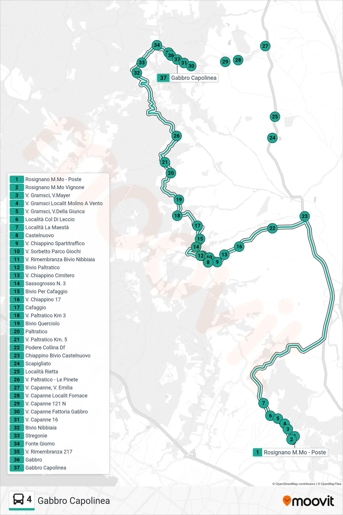 Linea 4 bus (Gabbro Capolinea) - Percorsi e fermate sulla mappa