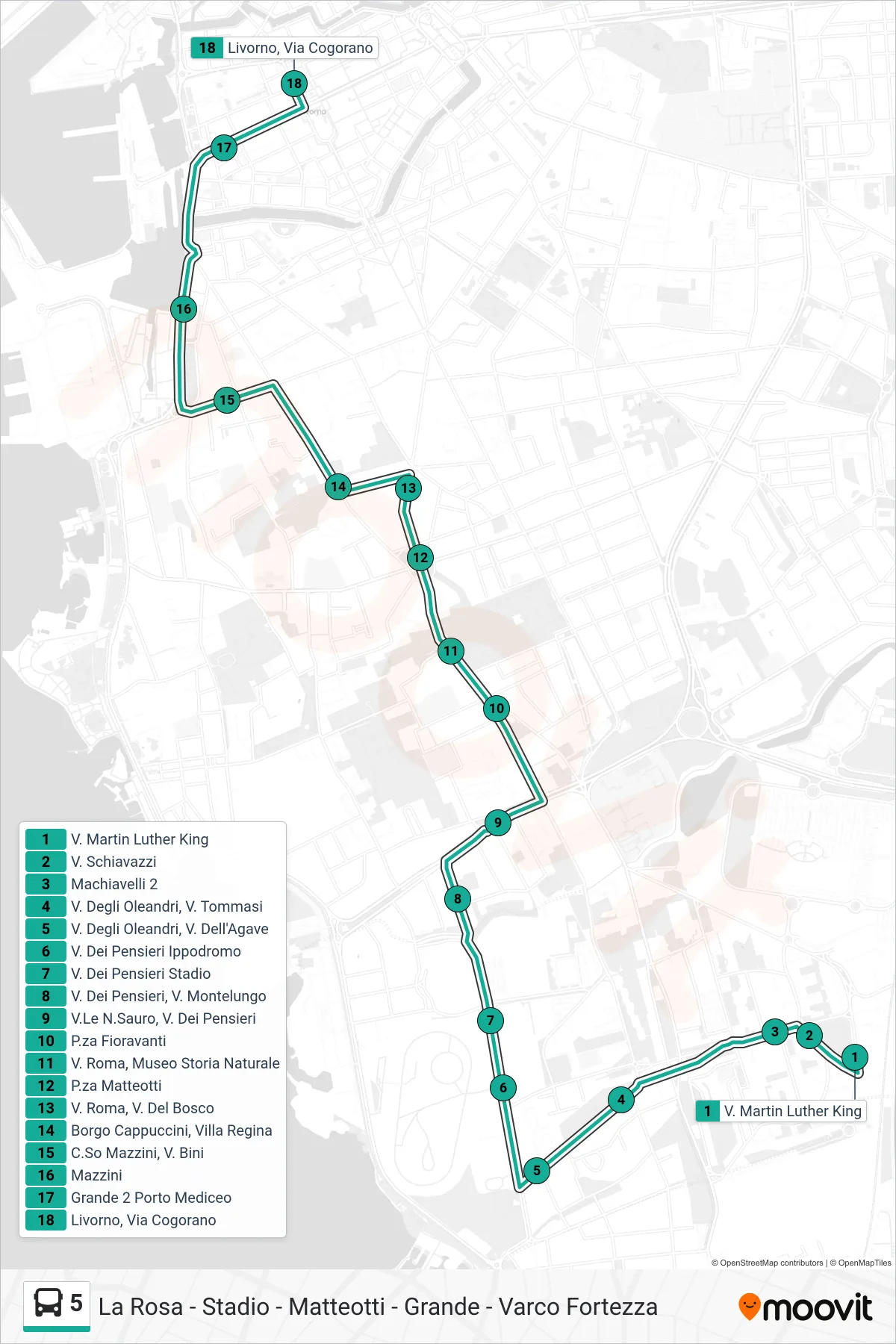 Linea 5 bus (Livorno, Via Cogorano) - Percorsi e fermate sulla mappa