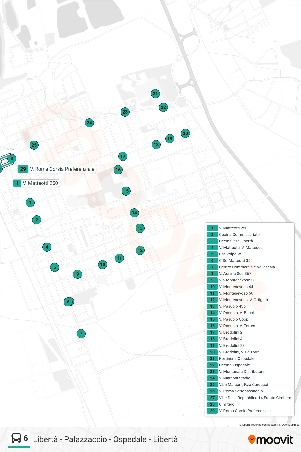 Linea 6 bus (Cecina Libertà) - Percorsi e fermate sulla mappa