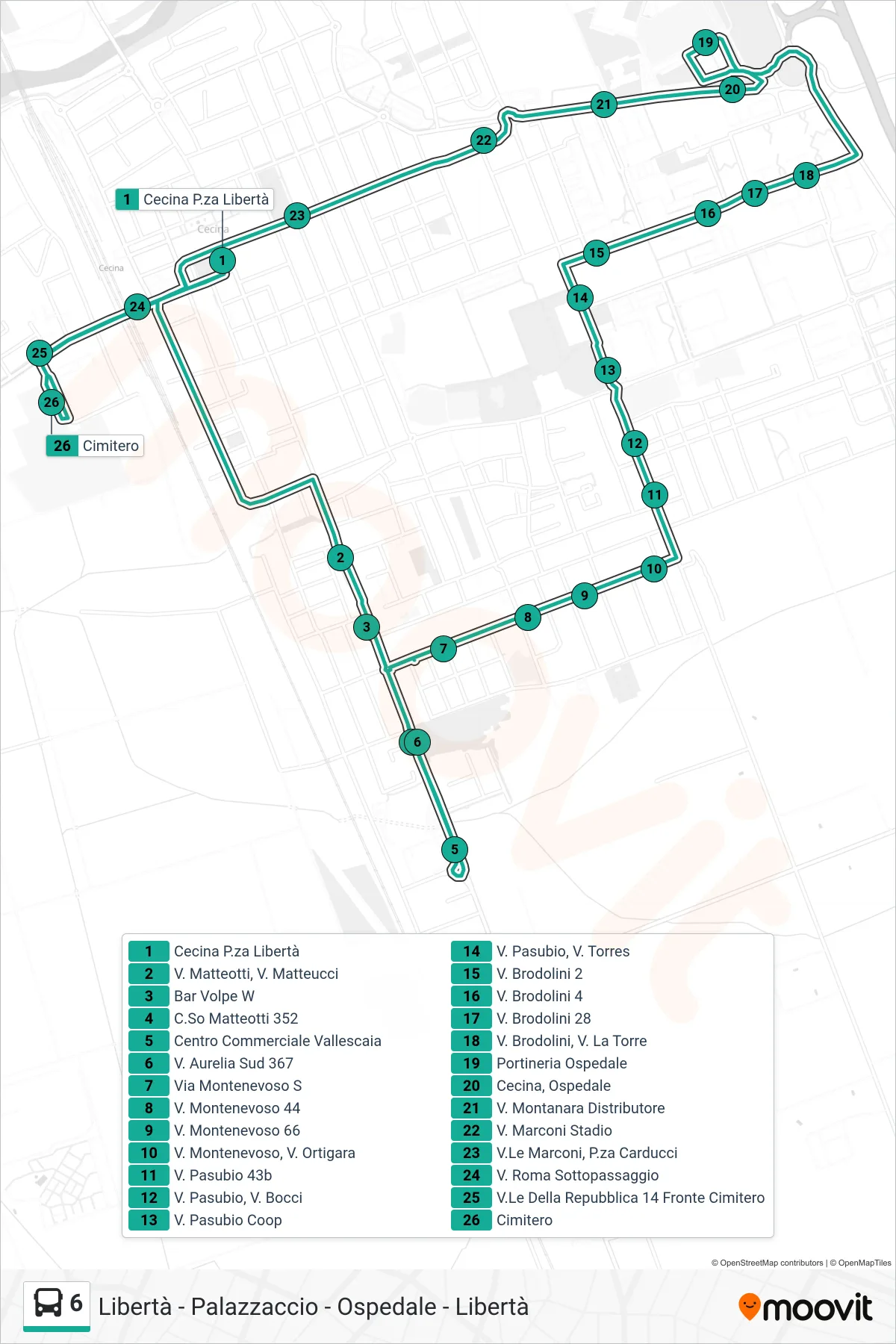 Linea 6 bus (Cecina P.za Liberta') - Percorsi e fermate sulla mappa