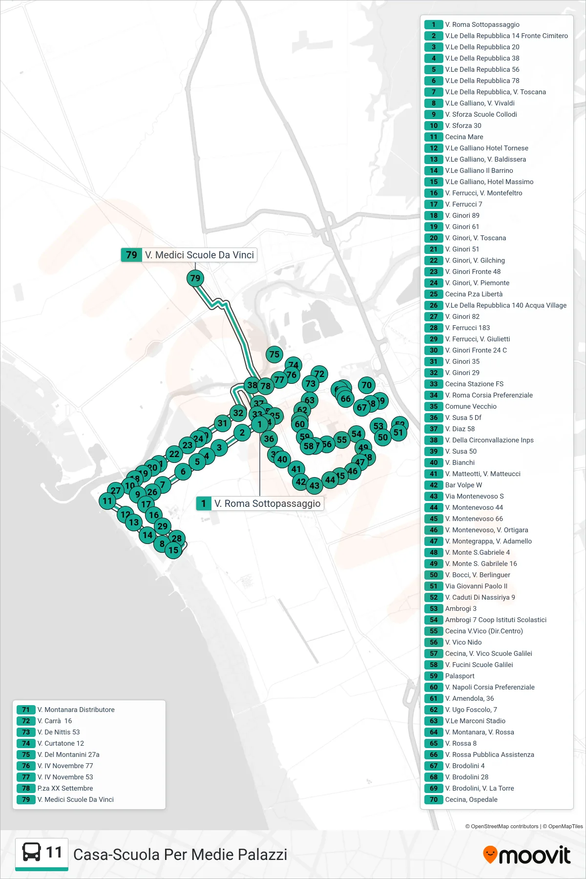 Linea 11 bus (V. Medici Scuole Da Vinci) - Percorsi e fermate sulla mappa