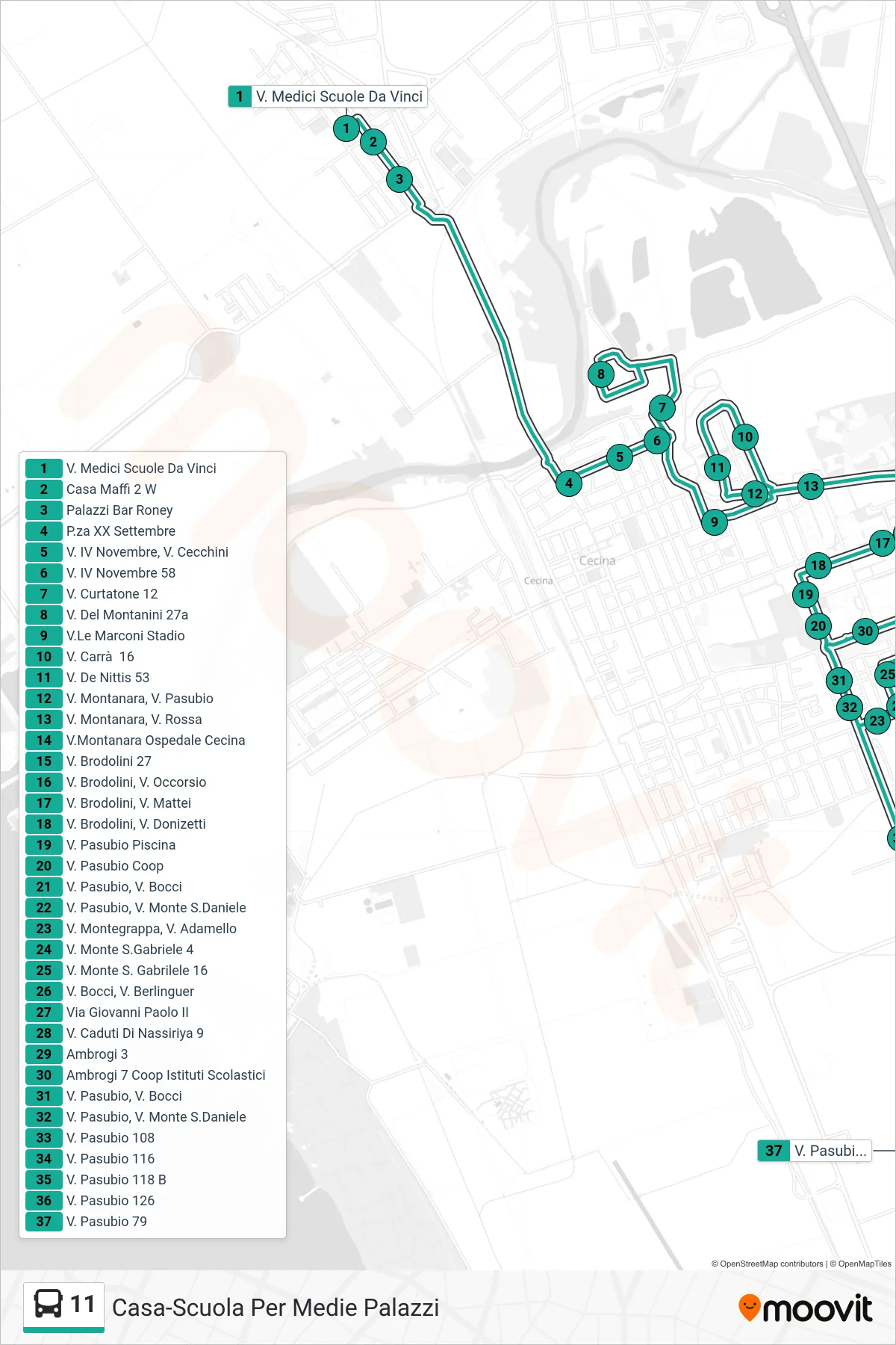Linea 11  bus (V. Pasubio 79) - Percorsi e fermate sulla mappa